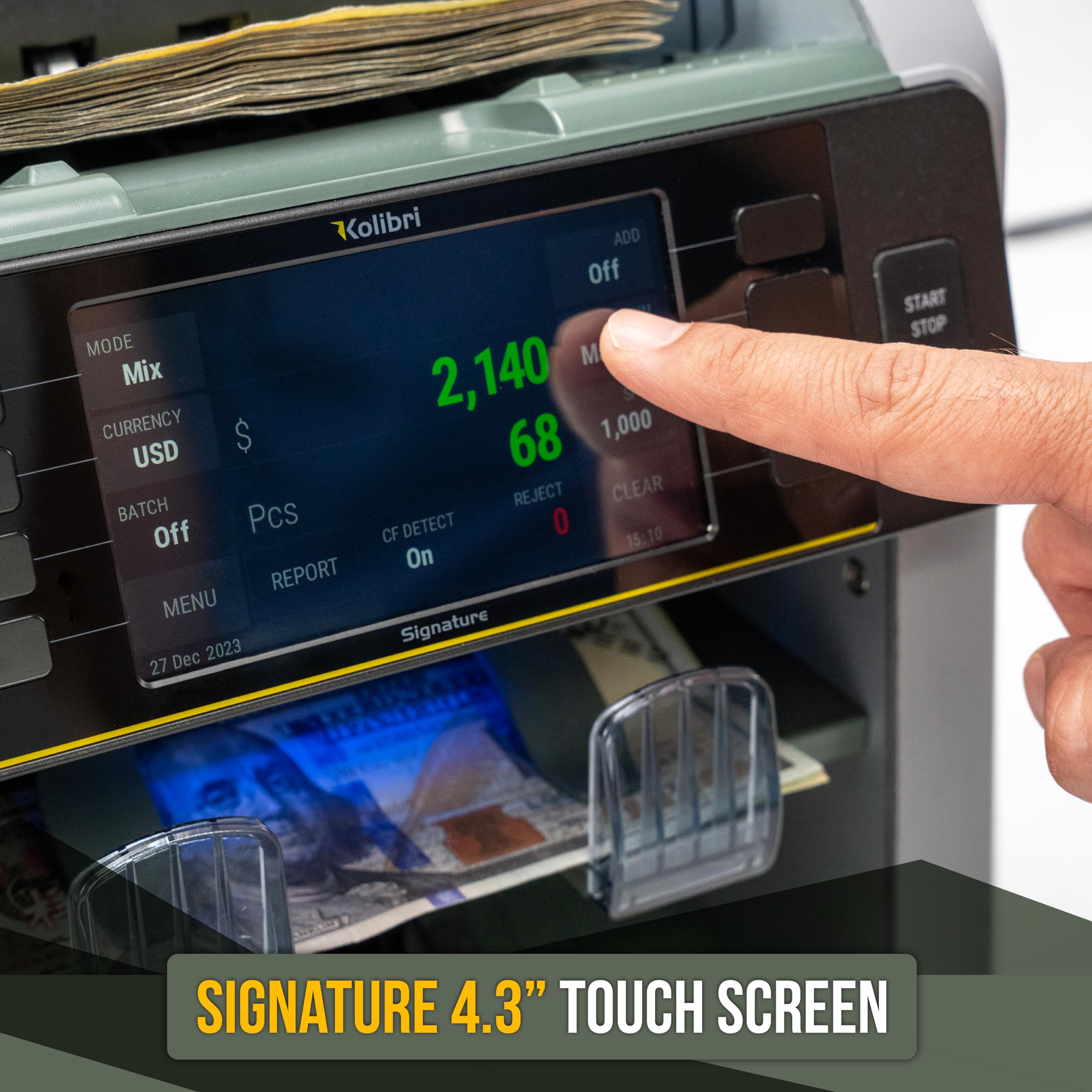 KOLIBRI Money Counter Machine I LCD Display I Business Grade I Dollar, Euro I Advanced UV/MG/IR/DD/HLF Detection I Single Denomination Value Count I 1,500 Notes/Min I 1-Year Warranty I KOLIBRI UV/MG