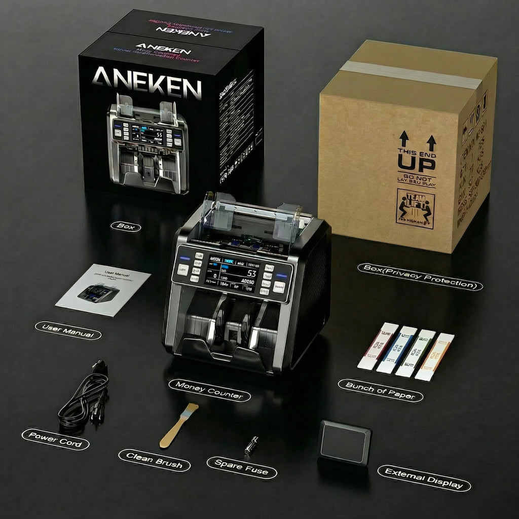 Aneken Mixed Denomination Money Counter with Counterfeit Detection, Touch Screen, and 2CIS/UV/MG/IR/DD/DBL/HLF/CHN, Value and Mixed Counting for Accurate Cash Counting, Gray