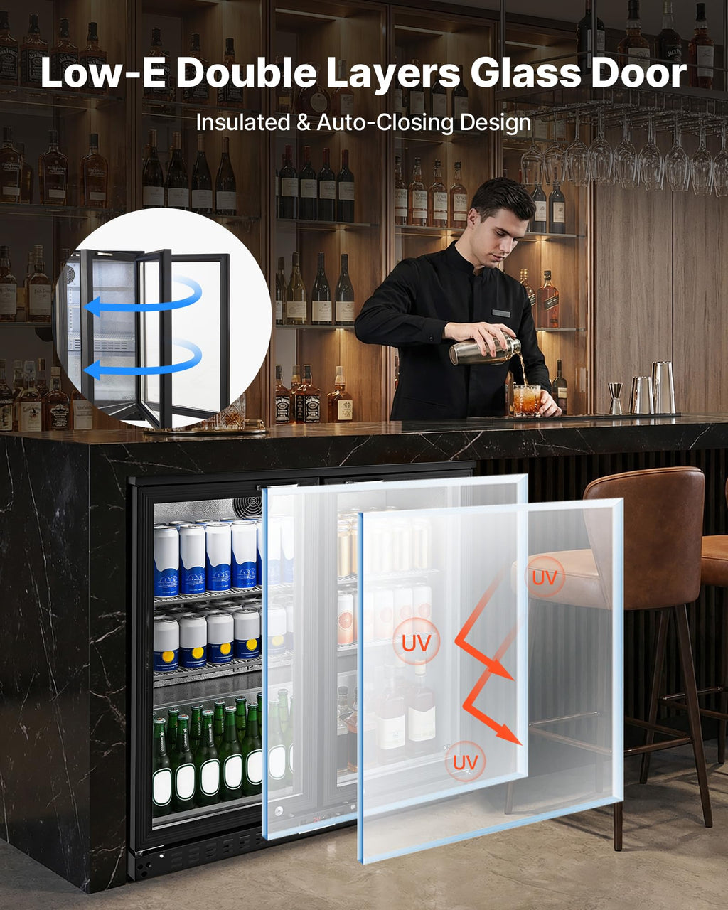 VEVOR Back Bar Cooler, 11.8 Cu. Ft Counter Height Beverage Refrigerator, Commercial Display Fridge w/ 2 Glass Doors, LED Lighting, Shelves, Fan Cooling Beer Wine Cooler for Pub, Merchandiser, Office