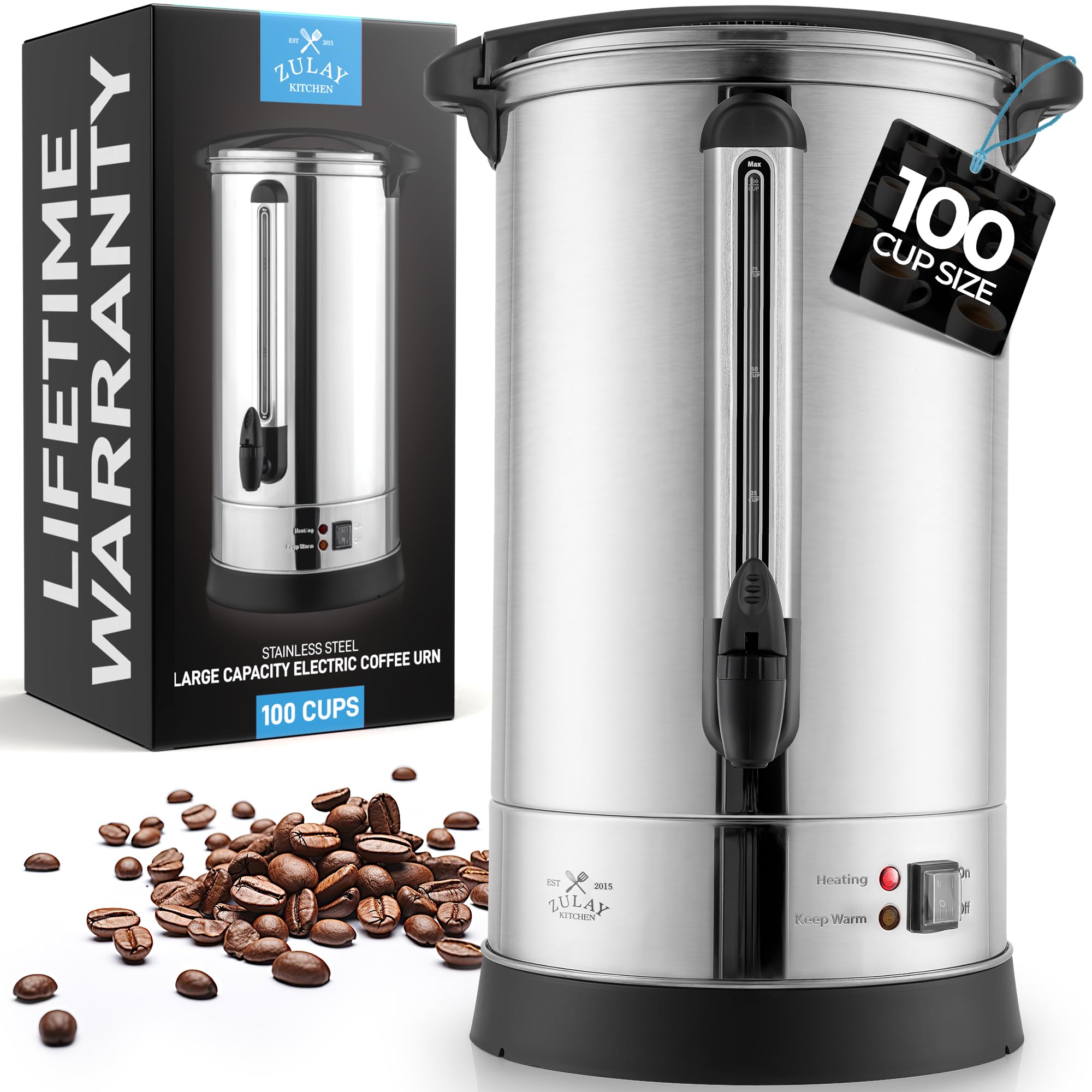 Zulay Kitchen 50 Cups Commercial Grade Coffee Maker Hot Water Urn - Percolator With Double-Wall Stainless Steel, Quick Brew, Stays Hot for Tea & Beverage at Events & Catering - Silver