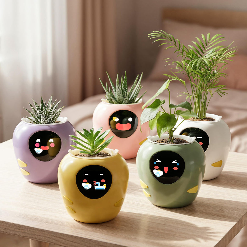 Plantbot Upgraded Large Smart Flower Pot Pet Planter Robot with Artificial Intelligence, Time Temperature Display, and Numerous Expressive Animations Based, for Indoor Decoration, Gifts (Yellow)