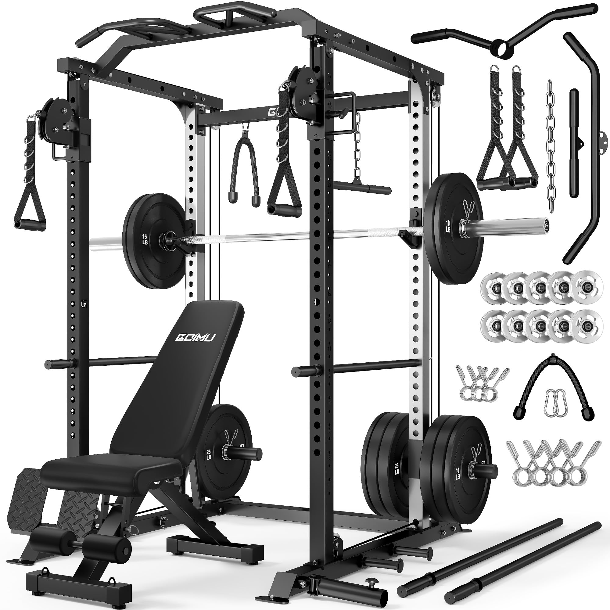DP01 Power Cage, 2000LBS Squat Rack with with Cable Crossover and Dual Independent Pulley System, Full Cage for Full Body Training, Power Rack with More Training Attachments for Home Gym