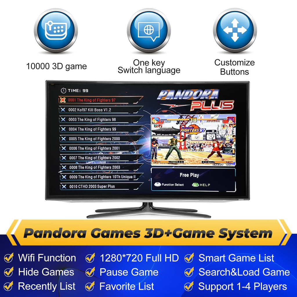 Pandora Box Console 32000 Arcade Games in 1,Retro Game Machine for TV PC Projector, Supports Up to 4 Players, Full HD Output, Search, Save, Hide, Favorites List