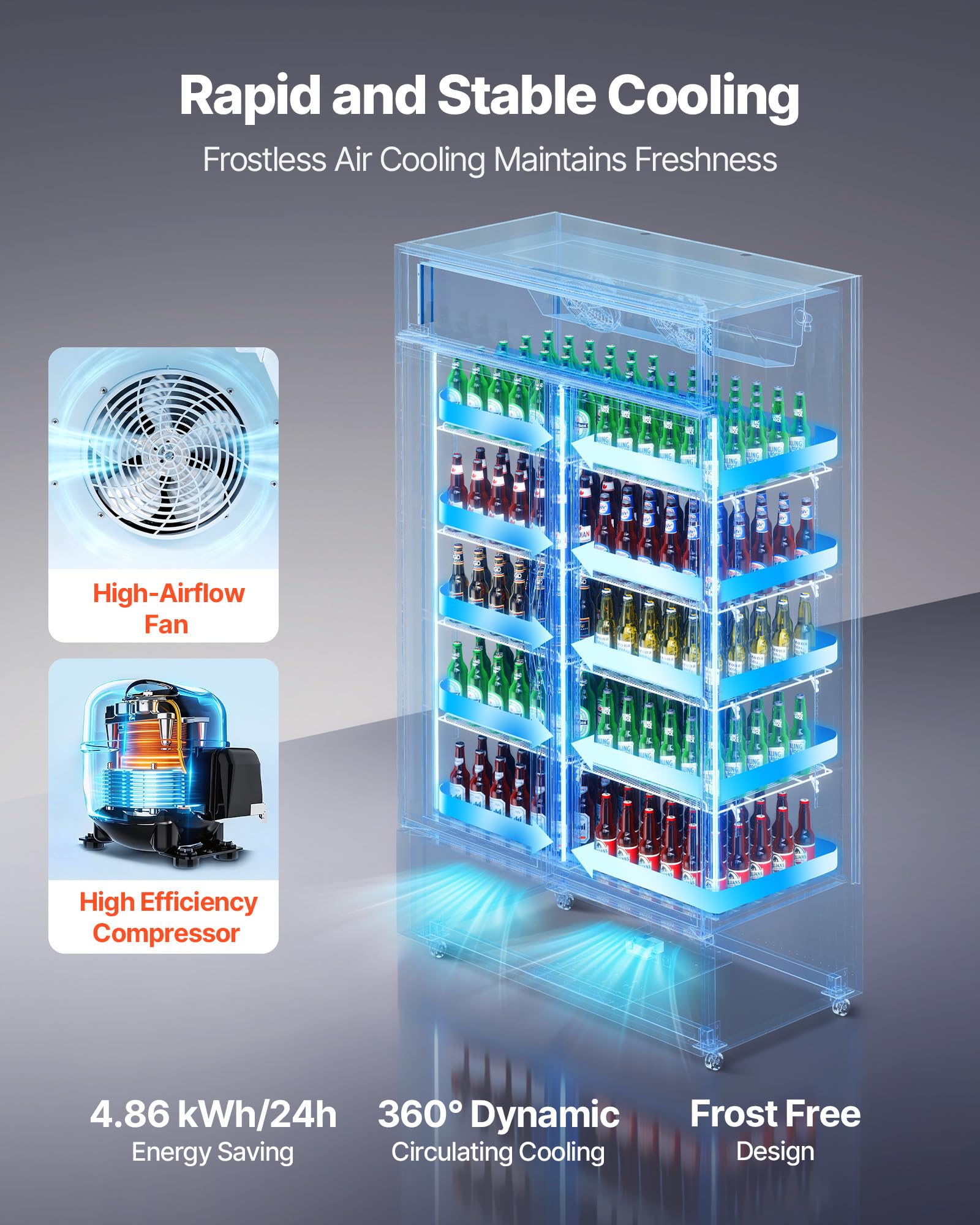 VEVOR Commercial Merchandiser Refrigerator, 6.9 Cu.Ft / 195L Glass Door Display Refrigerator, Upright Beverage Cooler Fridge with 4 Adjustable Shelves, Soft LED Light & Casters for Homes Shops Bars