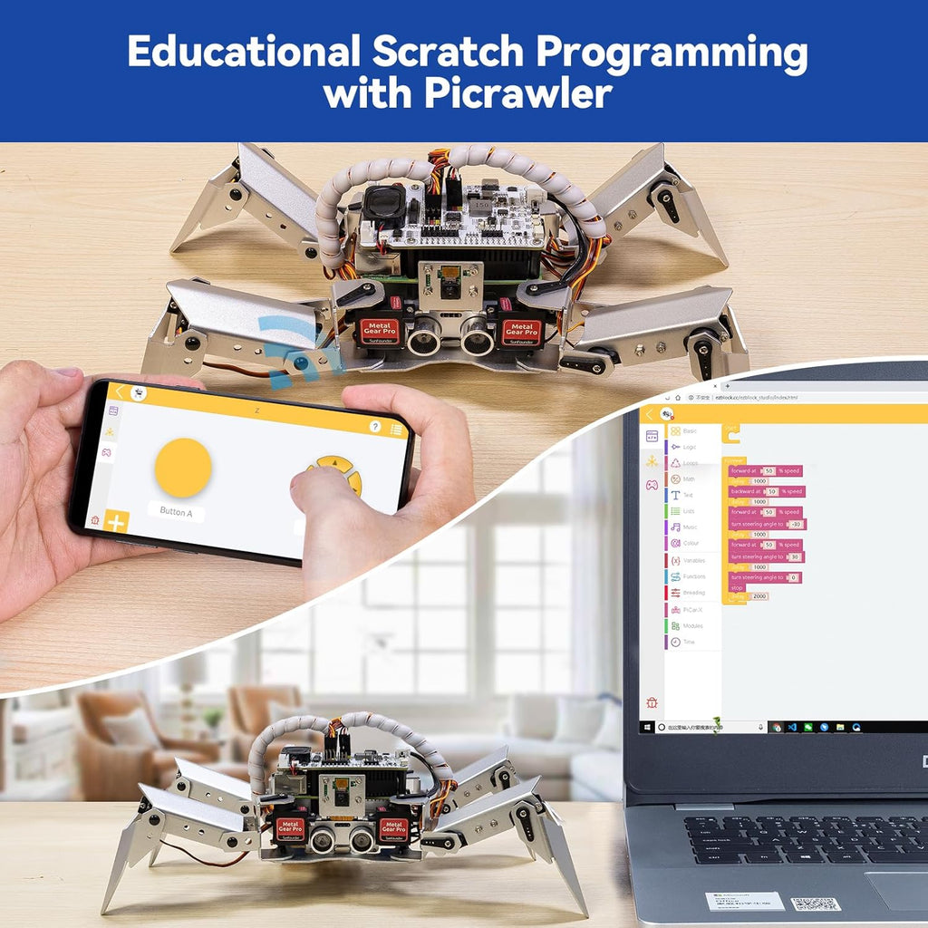 SunFounder PiCrawler AI Robot Kit for Raspberry Pi 5/4/3B+/Zero 2W, Openclaw LLMs ChatGPT/Gemini/Grok, Voice&Video Recognition, Python/Scratch, Mic, Battery, Camera (RPI NOT Included)