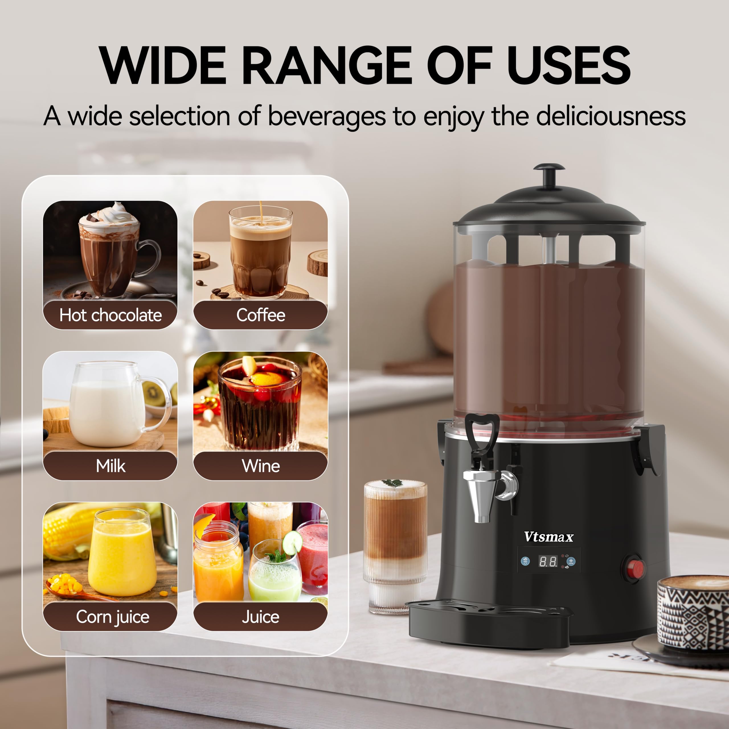 10L/2.6Gal Hot Chocolate Machine, Commercial Hot Drink Dispenser, 86–194°F Temperature Control Beverage Warmer with Stainless Steel Spout, Removable PC Bowl for Cocoa, Milk, Coffee, Red