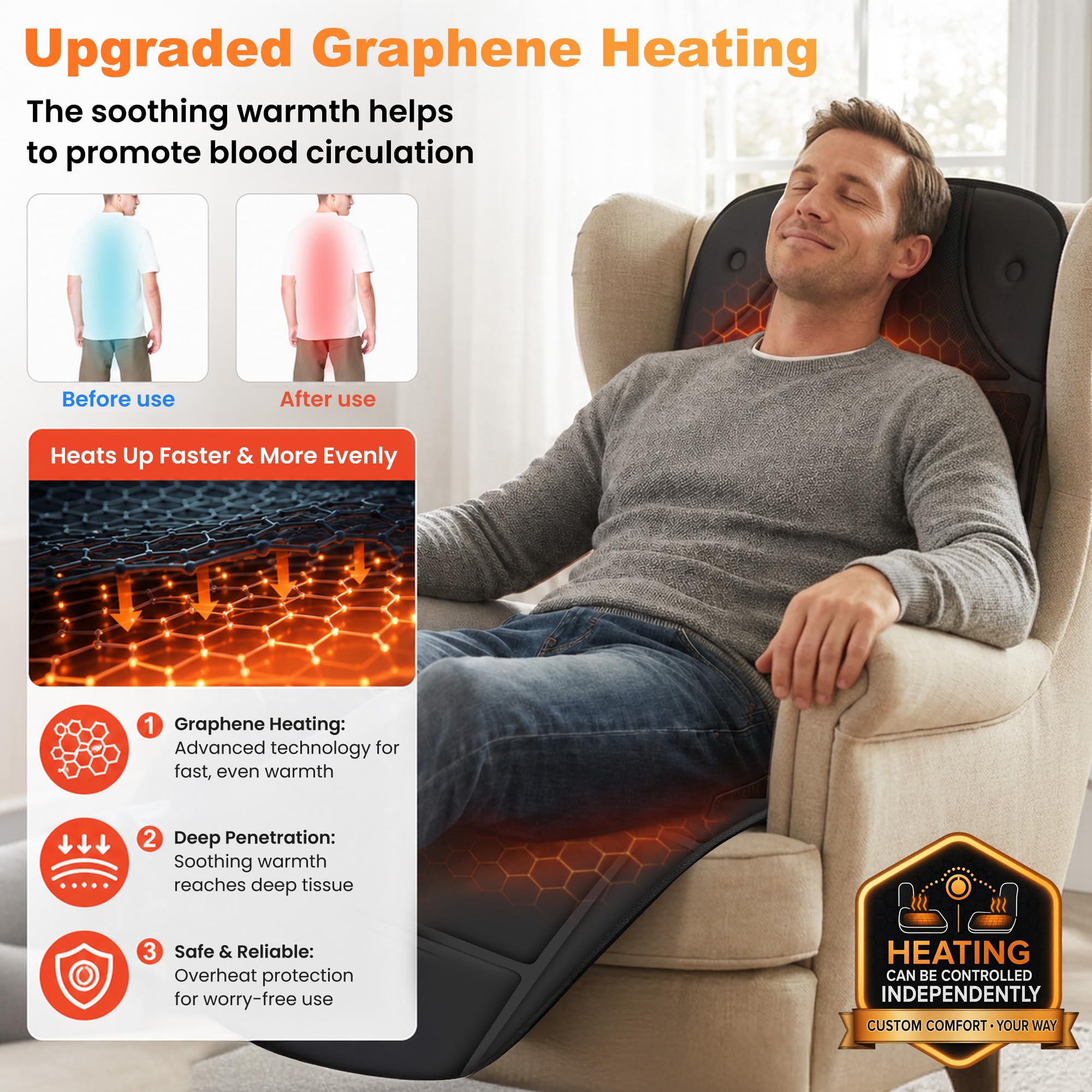 CILI Full Body Massage Mat with Heat, Upgrade Graphene Heating Vibration Back Massage Pad, Full Body Massager for Bed Chair Sofa, Massage Mattress Pad, Father‘s Day Gift for Dad