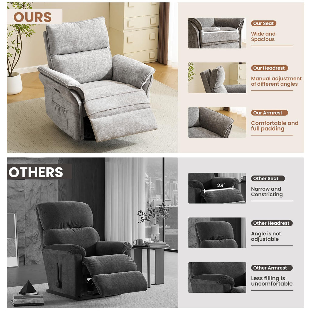 Oversized Rocking Chair Nursery with Massage and Heat, Glider Recliner Nursery Chair with Adjustable Headrest, Power Swivel Rocker Recliner Chair with USB Port, Dark Grey