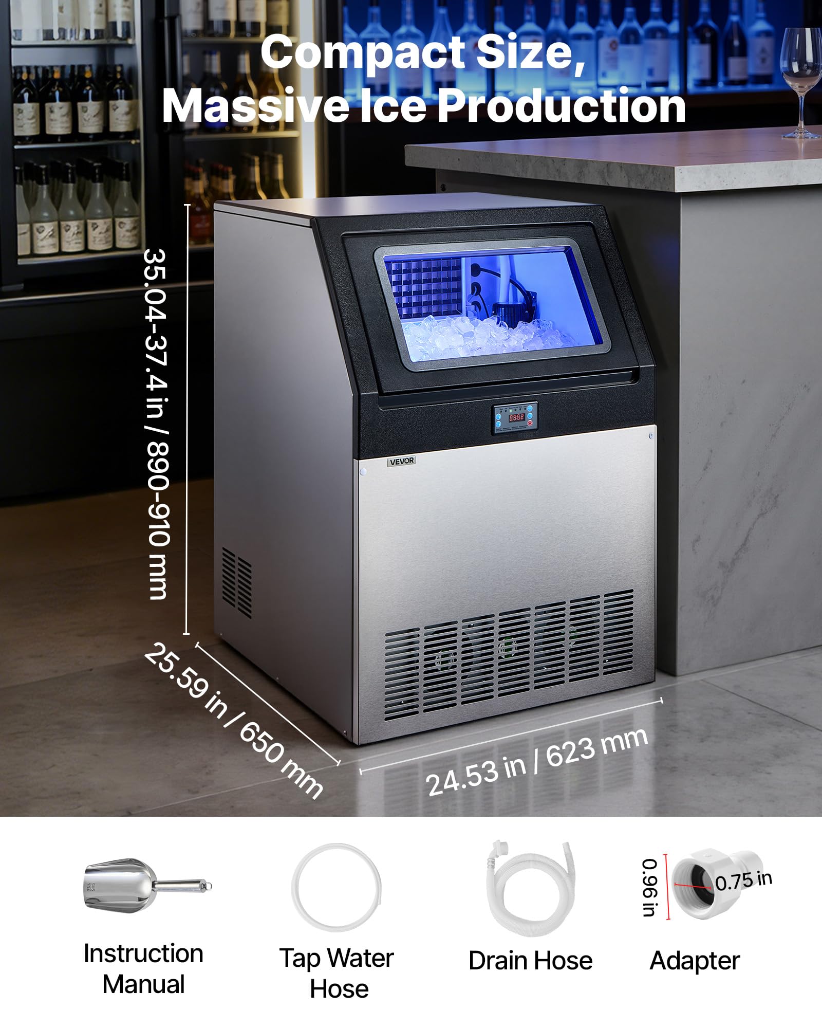 VEVOR Commercial Ice Maker Machine, 100 lbs/24h with 30-35 lbs Storage, Bullet Ice,Built-in/Freestanding/Under Counter, Stainless Steel Ice Maker with LED Display for Home Bar Restaurant