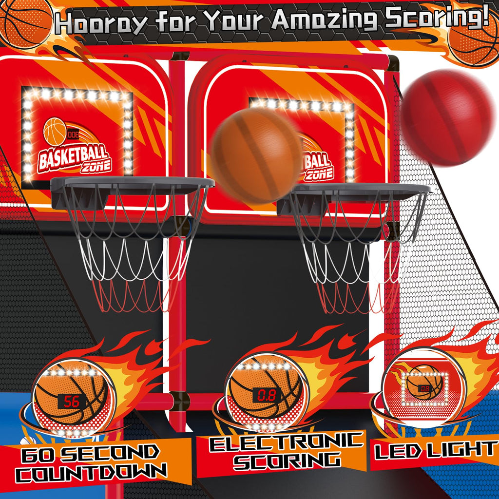 Upgrade Dual Basketball Arcade Game Kids Basketball Hoop with Electronic Scoreboard LED Light 6 Balls Indoor Outdoor Sports Toys Gifts for Boys Girls Ages 3-8 (Red)