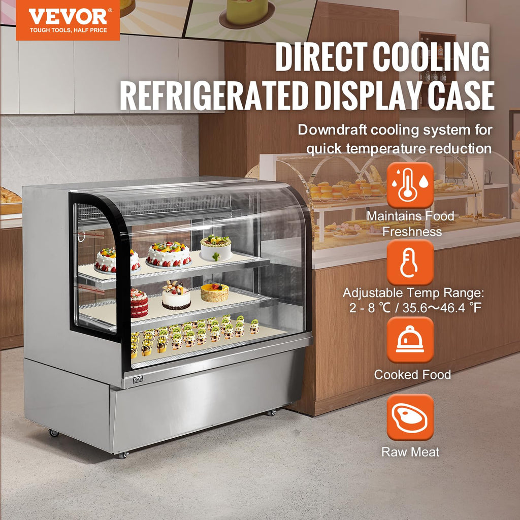 VEVOR Refrigerated Display Case, 3.5 Cu.Ft./100L, 2-Tier, Countertop Pastry Display Case Commercial Display Refrigerator with LED Lighting, TURBO Cooling, Frost-Free Air-Cooling, Rear Sliding Door