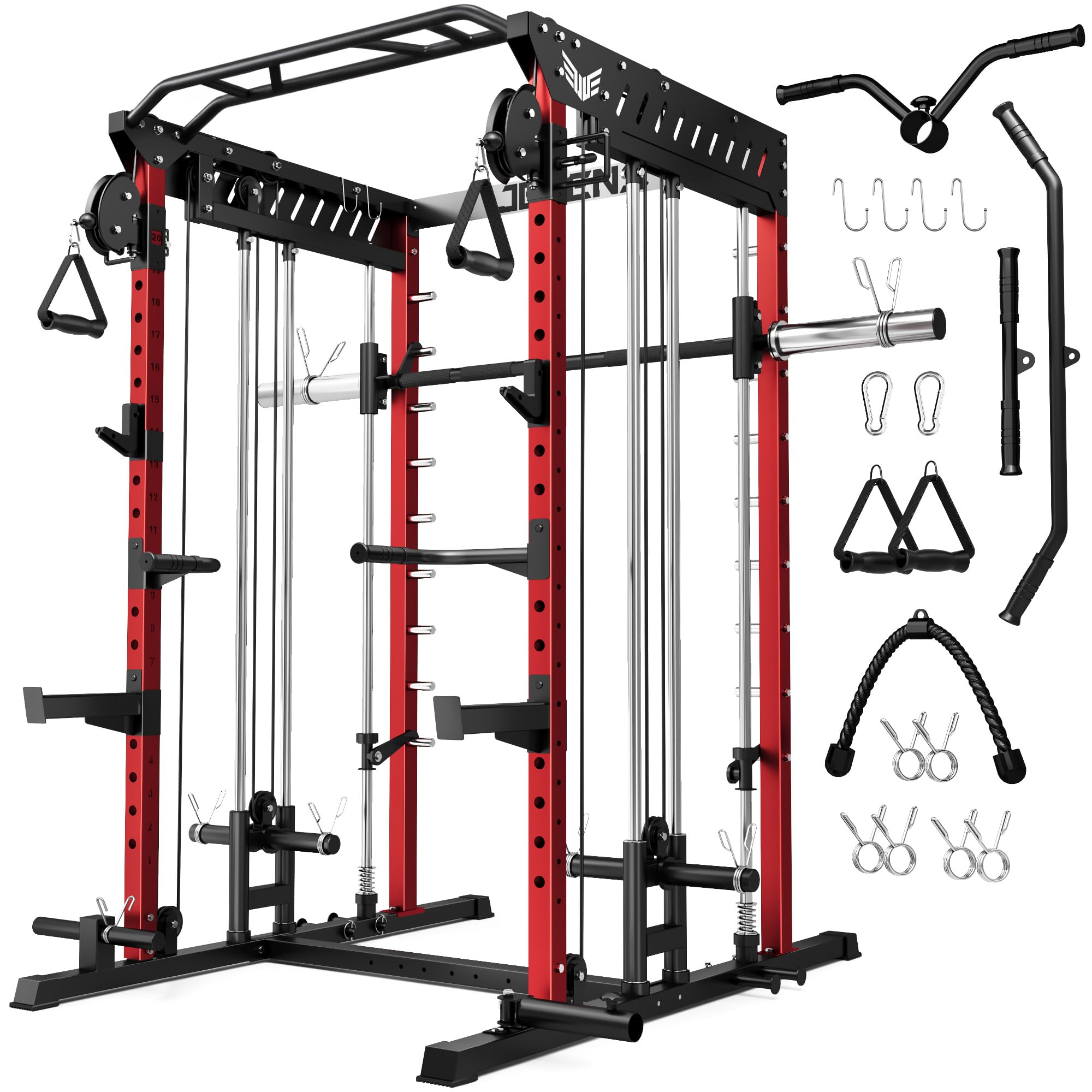 JELENS M21 Smith Machine, Multi-Function Power Cage with Dual Pulley Cable Crossover System, 2000LBS All-in-One Squat Rack with Smith Bar and Attachments for Home Gym