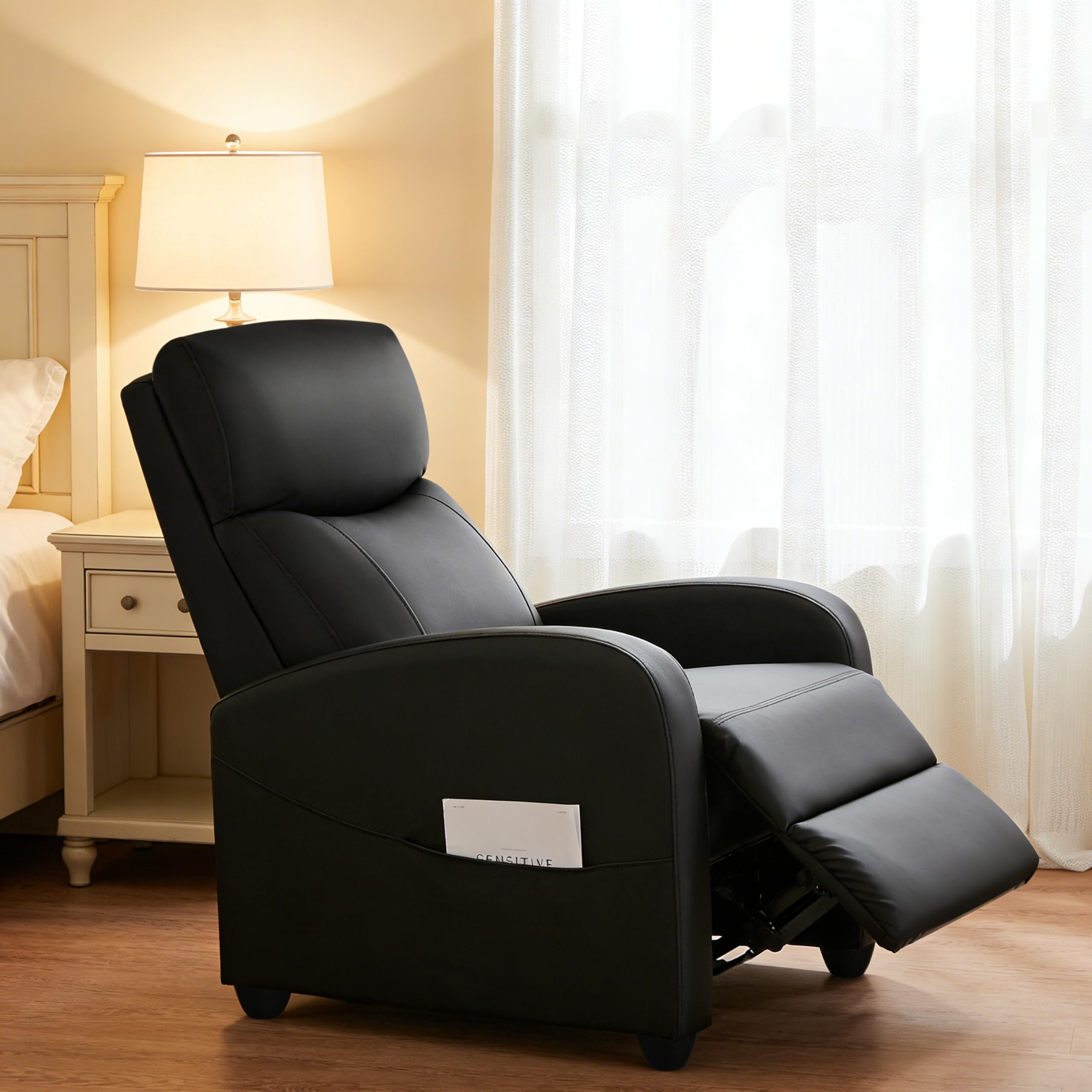 Simple Deluxe Massage Recliner Chair - Adjustable PU Leather Recliner, Luxe Reading Chair & Sofa Chair for Living Room Chairs or Bedroom Chair, Small Recliner for Home Theater, Black