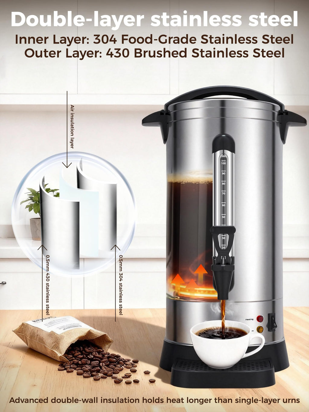 OSTBA 1500W Commercial Coffee Urn 100 Cup / 15L Large Percolator Coffee Pot, Double-Wall 304 Stainless Steel Hot Water Dispenser, Fast Brewing Electric Coffee Maker for Catering, Parties, Offices