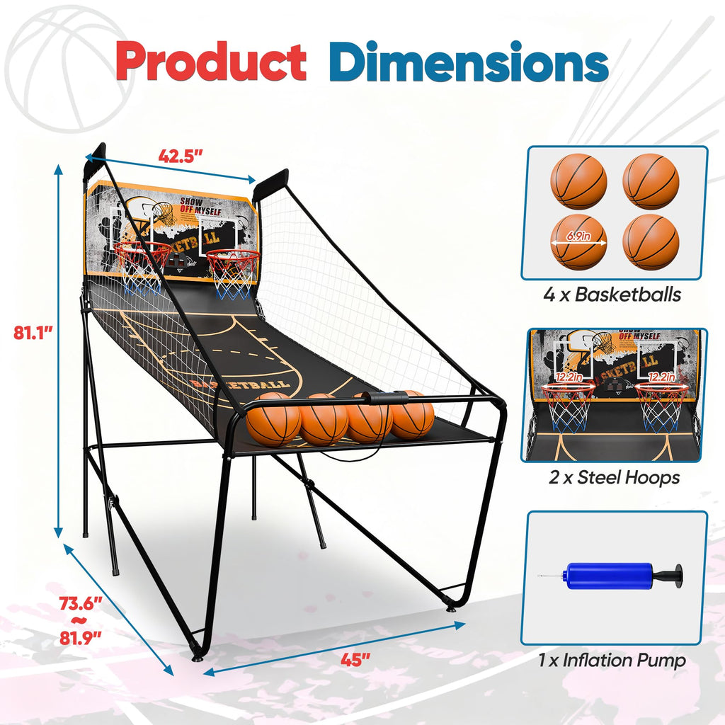 JupiterForce Foldable Indoor Basketball Arcade Game, Electronic Dual Shot Basketball Hoop Arcade Game Machine with 4 Balls and LED Scoring for 2 Players Home Play, Adults
