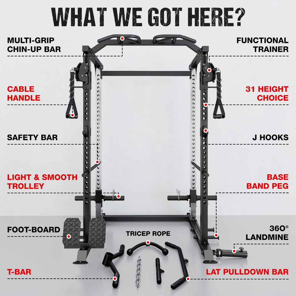 DP01 Power Cage, 2000LBS Squat Rack with with Cable Crossover and Dual Independent Pulley System, Full Cage for Full Body Training, Power Rack with More Training Attachments for Home Gym