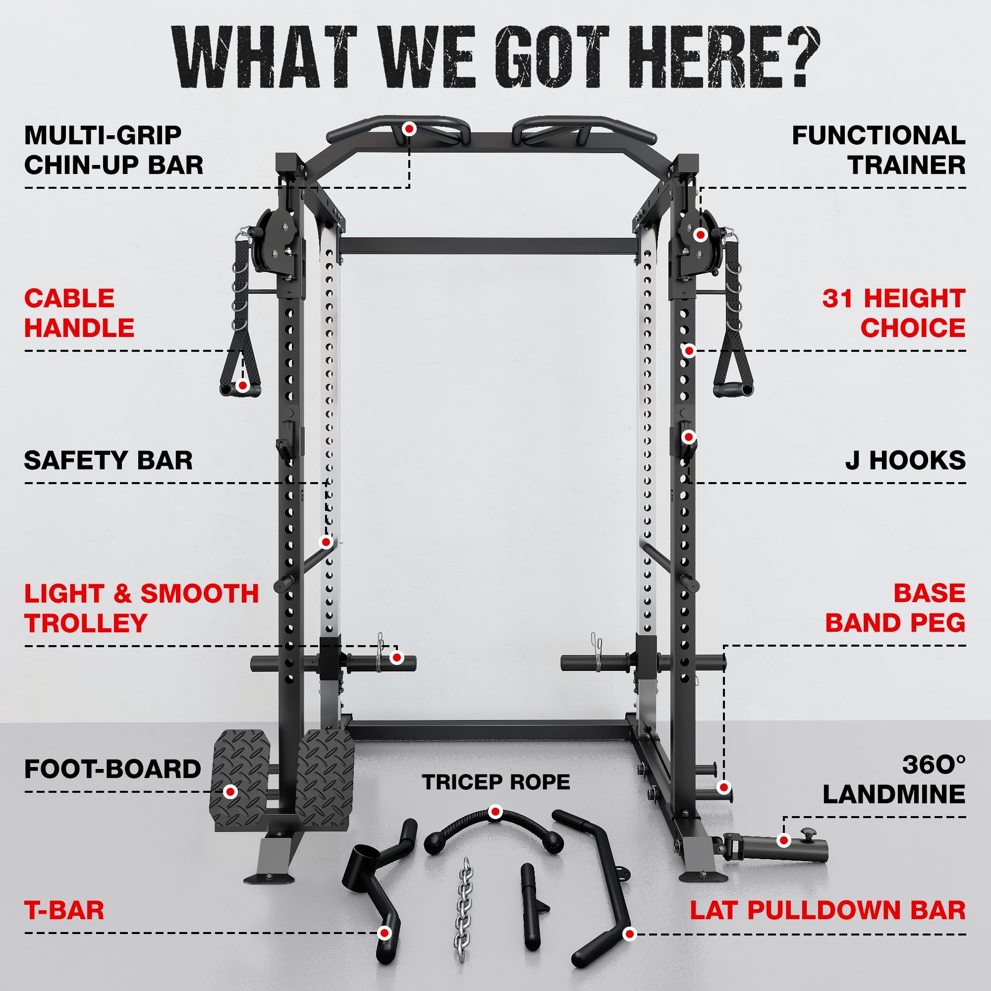 DP01 Power Cage, 2000LBS Squat Rack with with Cable Crossover and Dual Independent Pulley System, Full Cage for Full Body Training, Power Rack with More Training Attachments for Home Gym