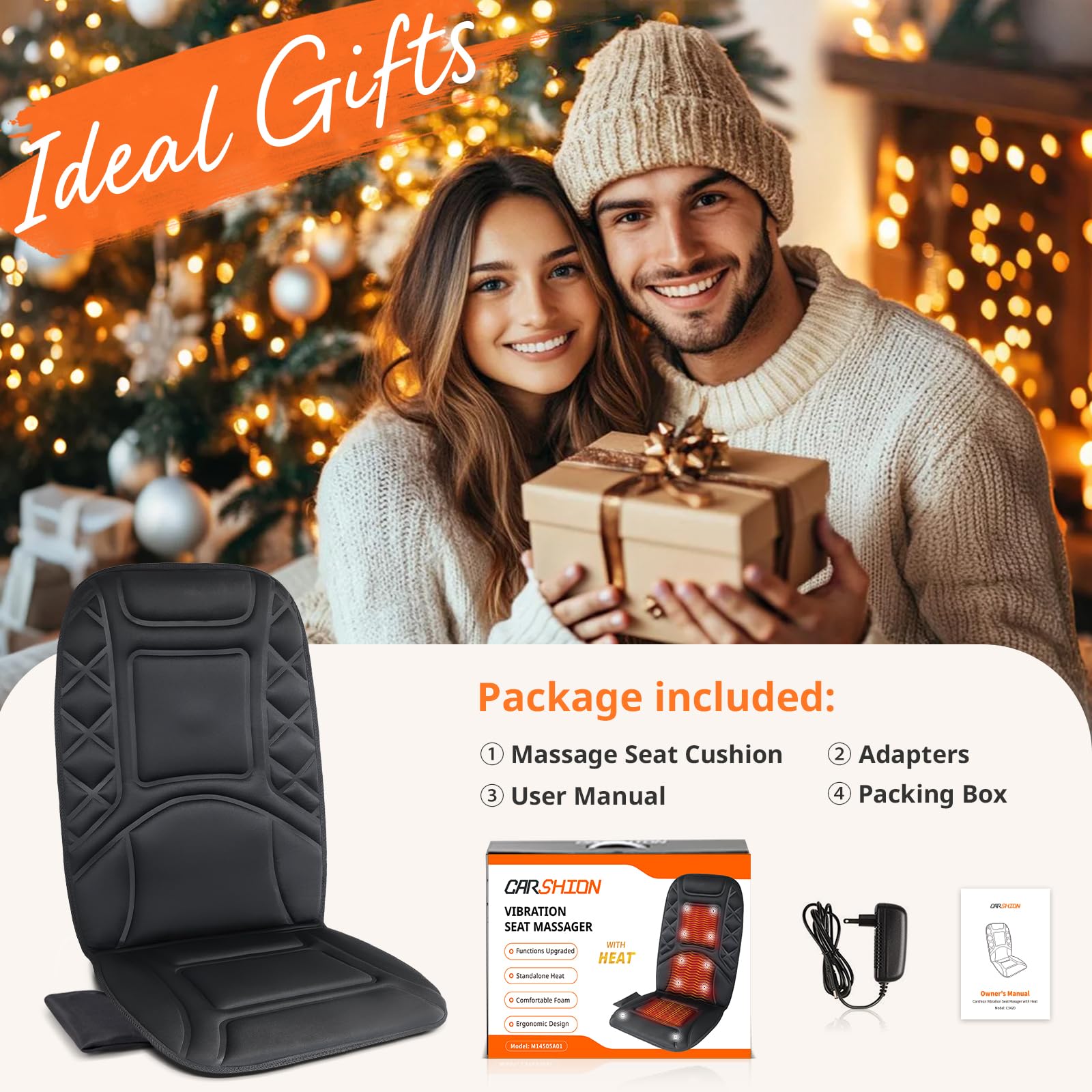 CARSHION Back Massager with Heat,Heated Seat Cover Cushion with 5 Vibrating Massage Nodes Chair Pad for Pain Relief Home Office Use