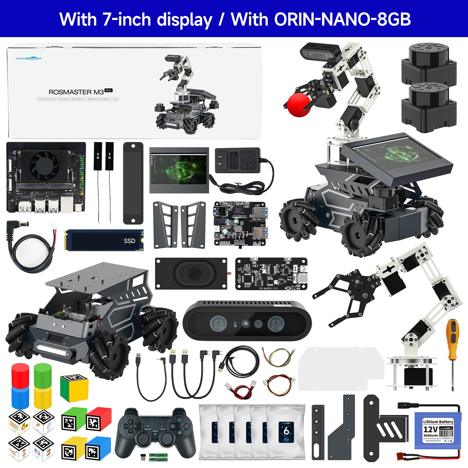Yahboom ROS2 Robot Kit with Jetson Orin Nano 8GB Super Large AI Model with 6DOF Robotic Arm, 7-inch HD Display,AI Voice Interaction Module Provides AI Vision App Control