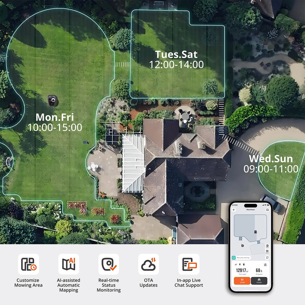Segway Navimow i210 AWD Robot Lawn Mower Wire Free with Garage S, All-Wheel Drive for 45% Slopes, EFLS NRTK + Vision Auto Mapping, Covers 1/4 Acre (Garage Shipped Separately)