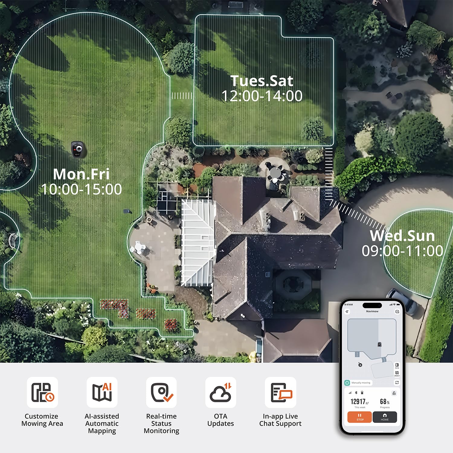 Segway Navimow i210 AWD Robot Lawn Mower Wire Free with Garage S, All-Wheel Drive for 45% Slopes, EFLS NRTK + Vision Auto Mapping, Covers 1/4 Acre (Garage Shipped Separately)