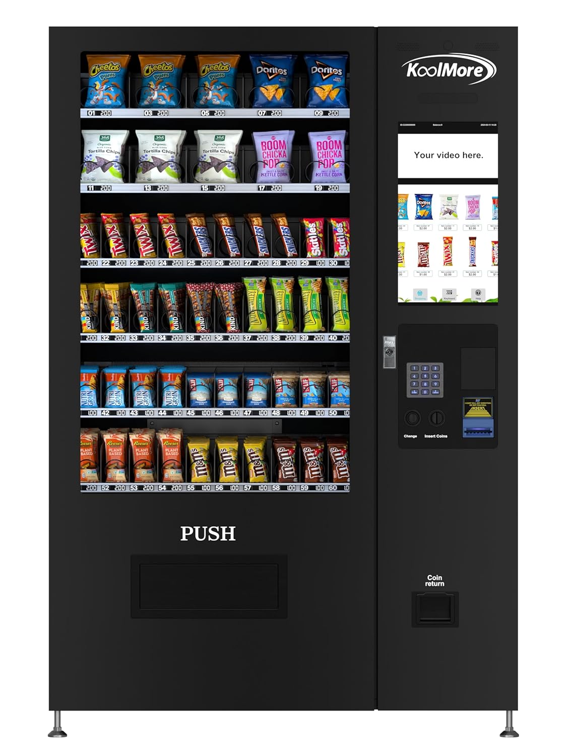 KoolMore Non-Refrigerated Snack Vending Machine with 60 Slots, Coin and Bill Acceptor, and 22 Inch Touch Screen in Black (KM-VMNT-50-BC)