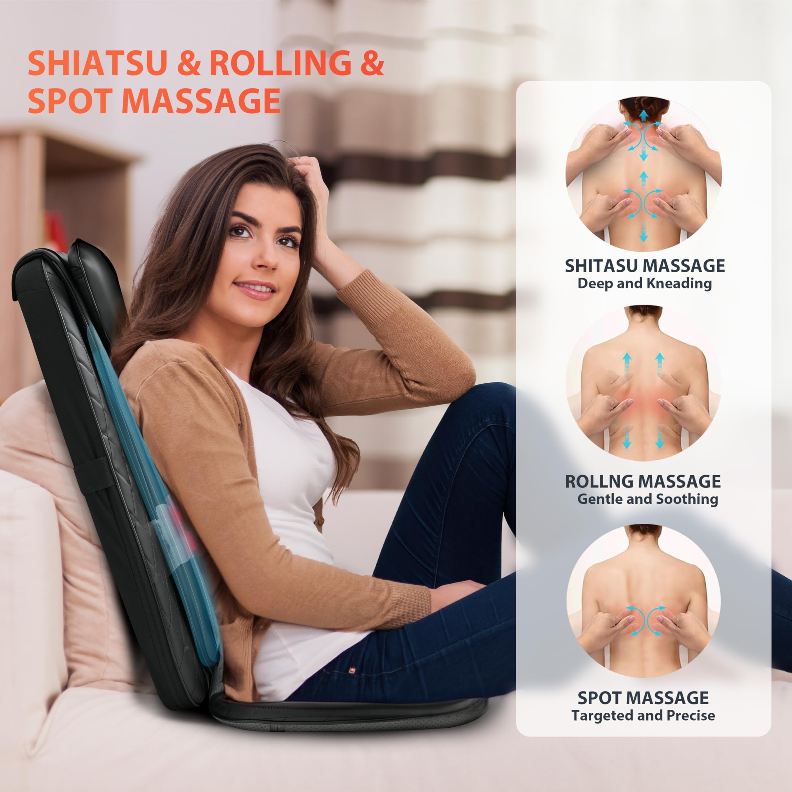 Back Massager with Heat, Massage Chair Pad with 5 Vibrating Modes, 2 Heat Levels Electric Massage Seat Cushion, Massage Pad for Back Pain Relief, Fathers Day Dad Gifts for Men Husband Him Mom Her