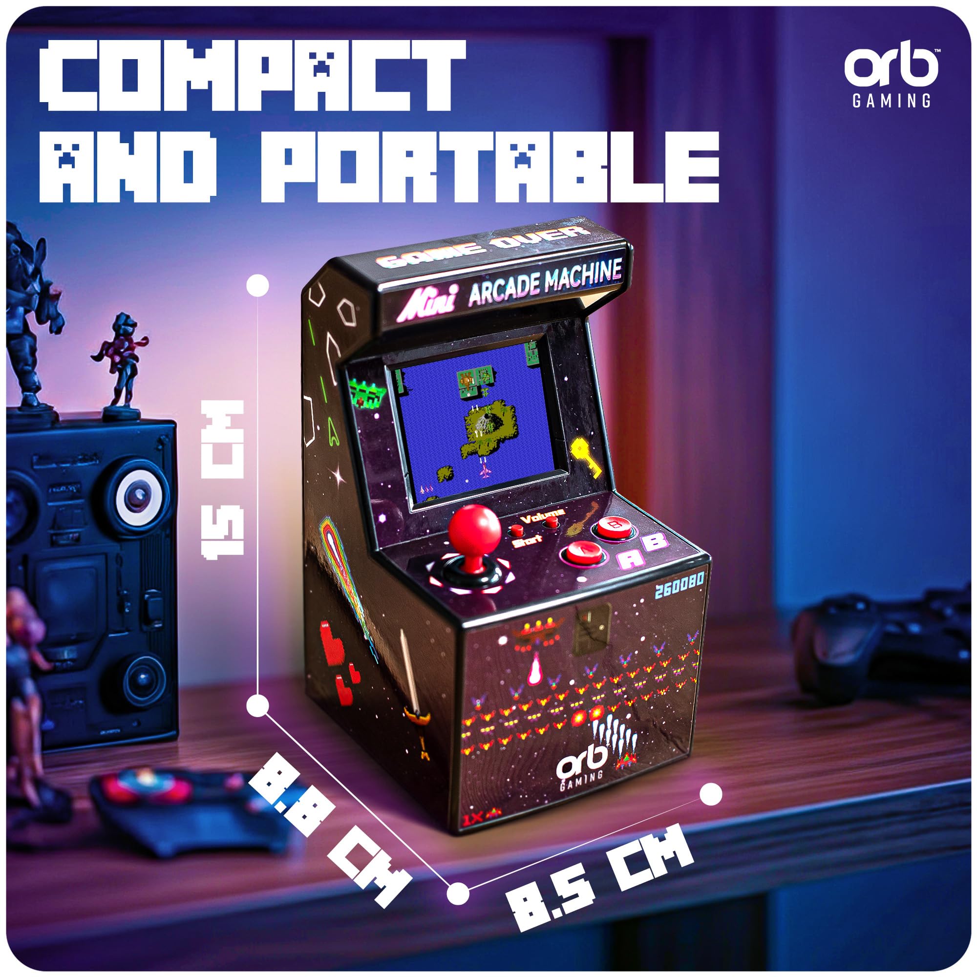 Mini Arcade Machine, 240 Built-in 8-Bit Games, 2.5” Full Colour Screen, 8-Way Joystick, Handheld Retro Games Console – Orb Gaming by ThumbsUp!