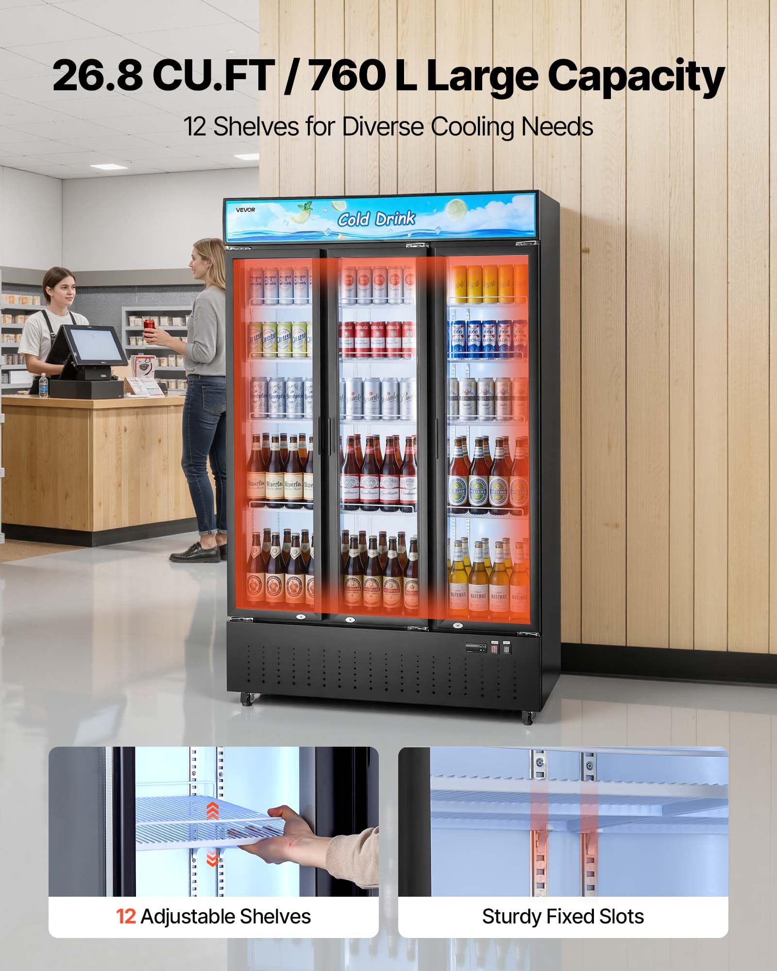VEVOR Commercial Merchandiser Refrigerator, 6.9 Cu.Ft / 195L Glass Door Display Refrigerator, Upright Beverage Cooler Fridge with 4 Adjustable Shelves, Soft LED Light & Casters for Homes Shops Bars