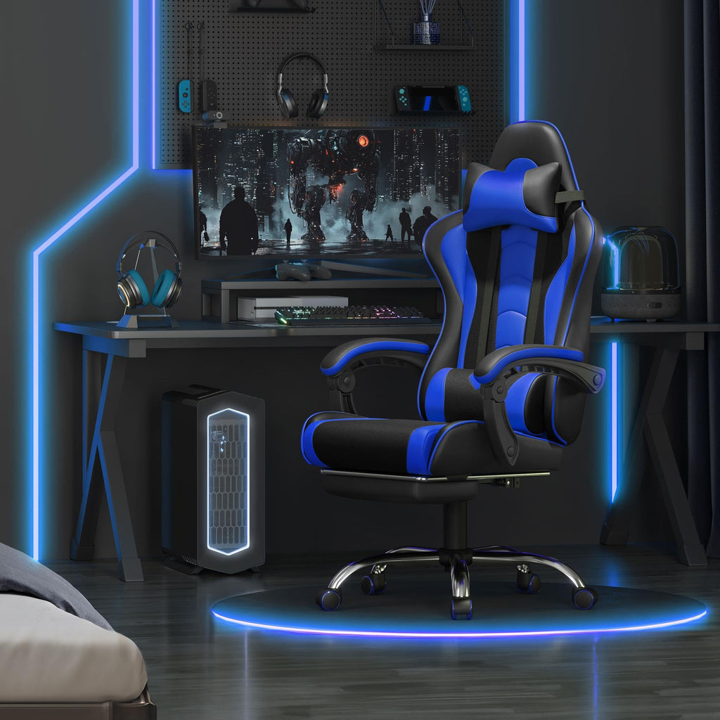 Yaheetech Gaming Chair with Electric Massage Lumbar Support, Footrest & Headrest — Ergonomic High Back Recliner for Home Office, Computer Desk Chair, Height Adjustable, 300 lbs, Black/White