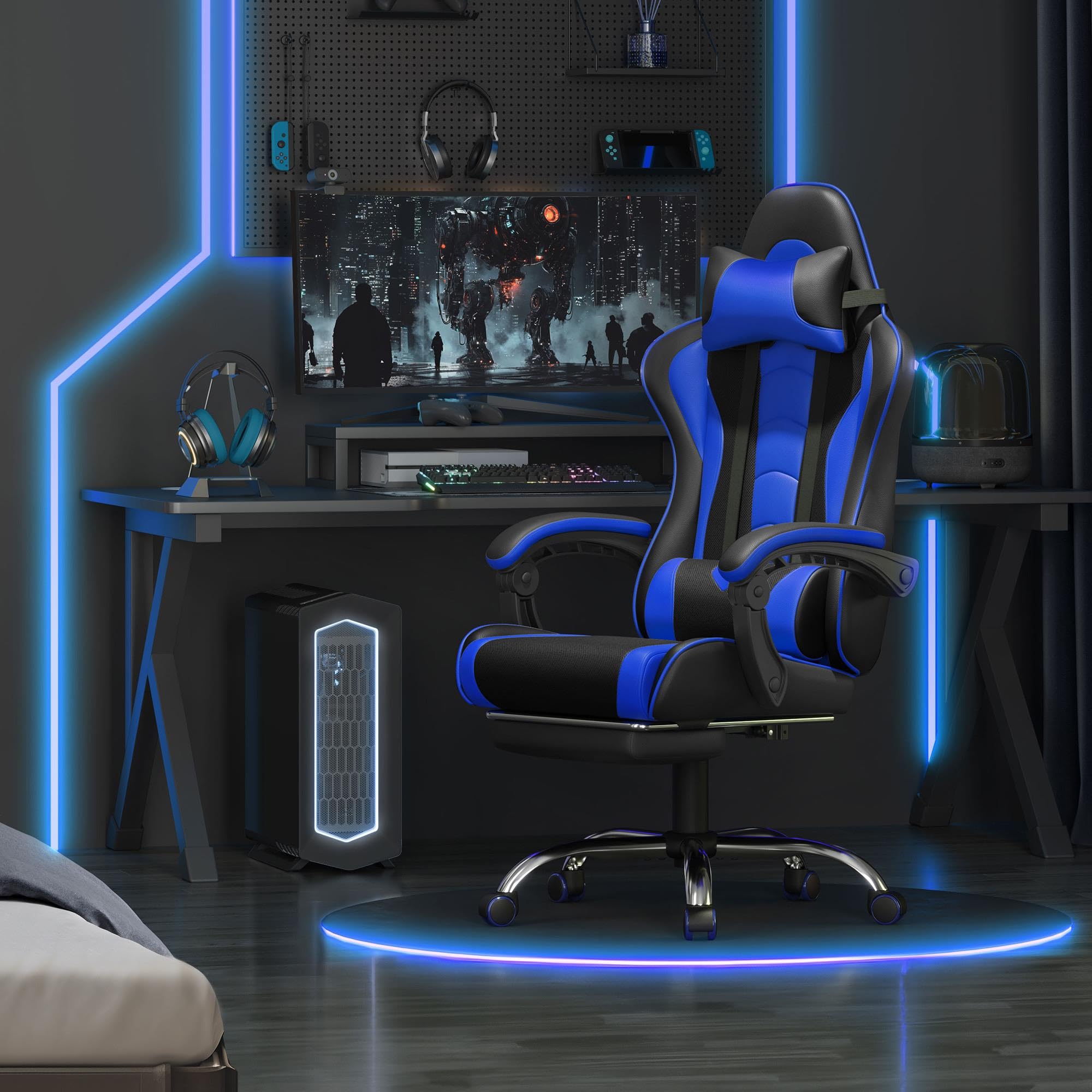 Yaheetech Gaming Chair with Electric Massage Lumbar Support, Footrest & Headrest — Ergonomic High Back Recliner for Home Office, Computer Desk Chair, Height Adjustable, 300 lbs, Black/White