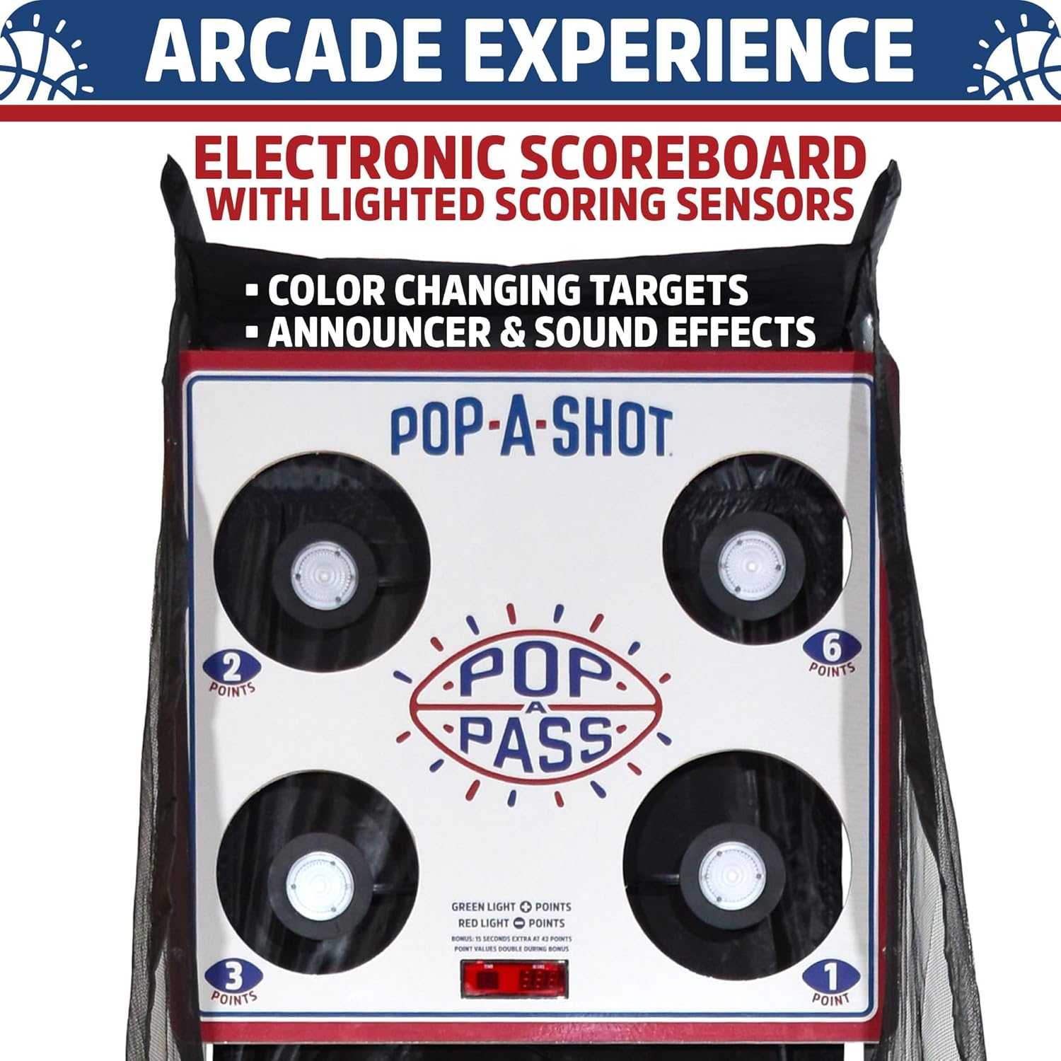 Pop-A-Shot | Official Pop-A-Pass Electronic Arcade Style Football Toss Game | 4 Inflatable Mini Footballs | Foldable, Portable, Tote Bag Included