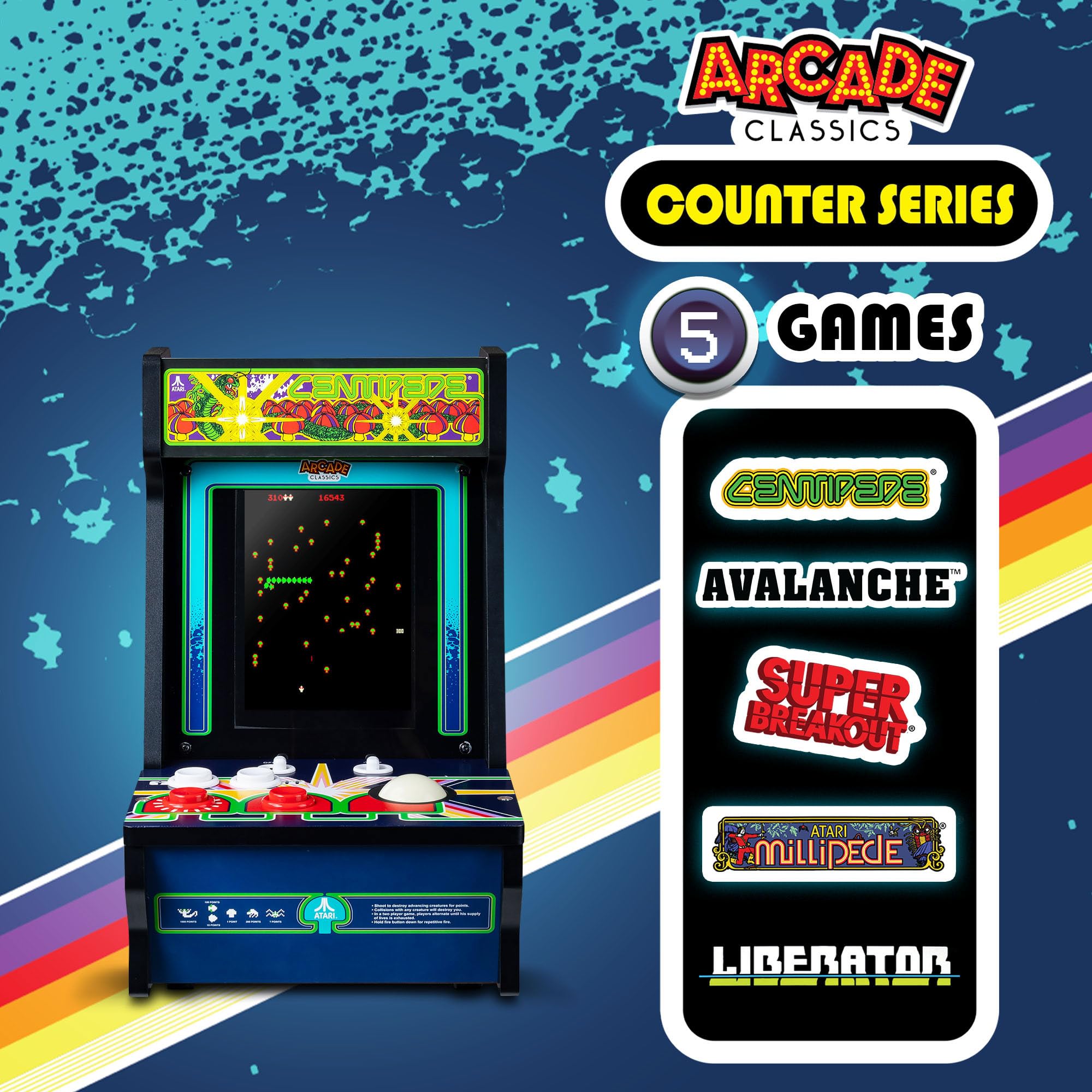 Arcade Classics - Atari Asteroids Counter Series Game Machine, 5 Games, 8" Liquid Crystal Screen - Mini Cabinet, Portable Gaming, Retro, Countertop Console, Basement Decoration, Man Cave