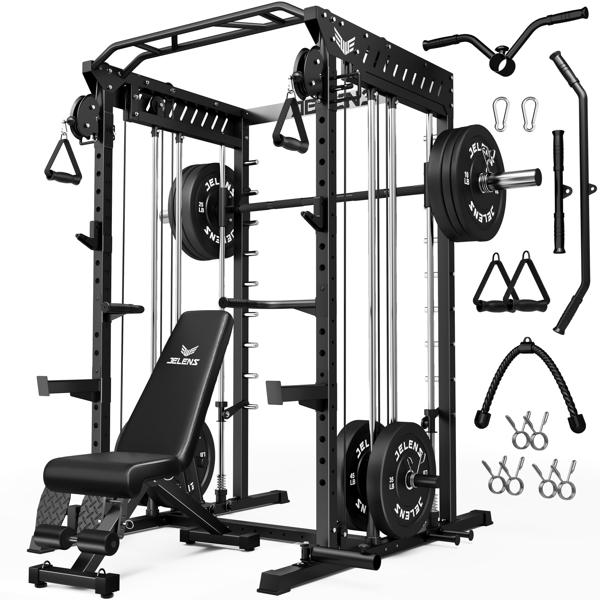 JELENS M21 Smith Machine, Multi-Function Power Cage with Dual Pulley Cable Crossover System, 2000LBS All-in-One Squat Rack with Smith Bar and Attachments for Home Gym