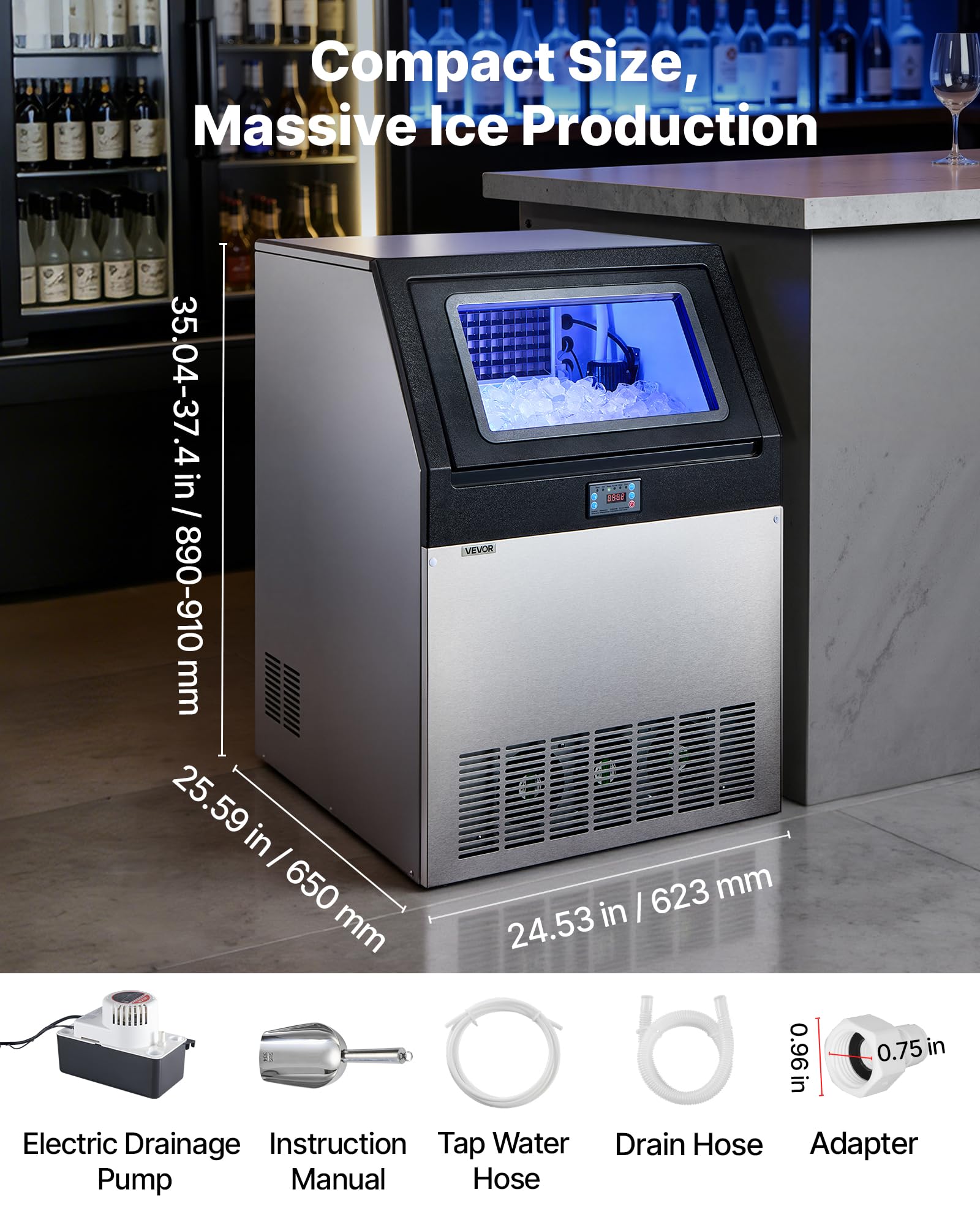 VEVOR Commercial Ice Maker Machine with Pump, 360 lbs/24h with 85 lbs Storage Capacity, Built-in/Freestanding/Under Counter, Stainless Steel Ice Maker with LED Display & Self-Cleaning, for Home Bar