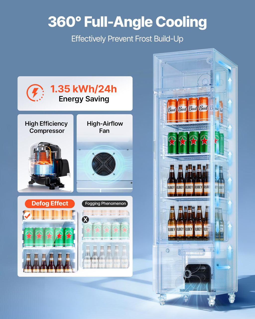 VEVOR Commercial Merchandiser Refrigerator, 6.9 Cu.Ft / 195L Glass Door Display Refrigerator, Upright Beverage Cooler Fridge with 4 Adjustable Shelves, Soft LED Light & Casters for Homes Shops Bars