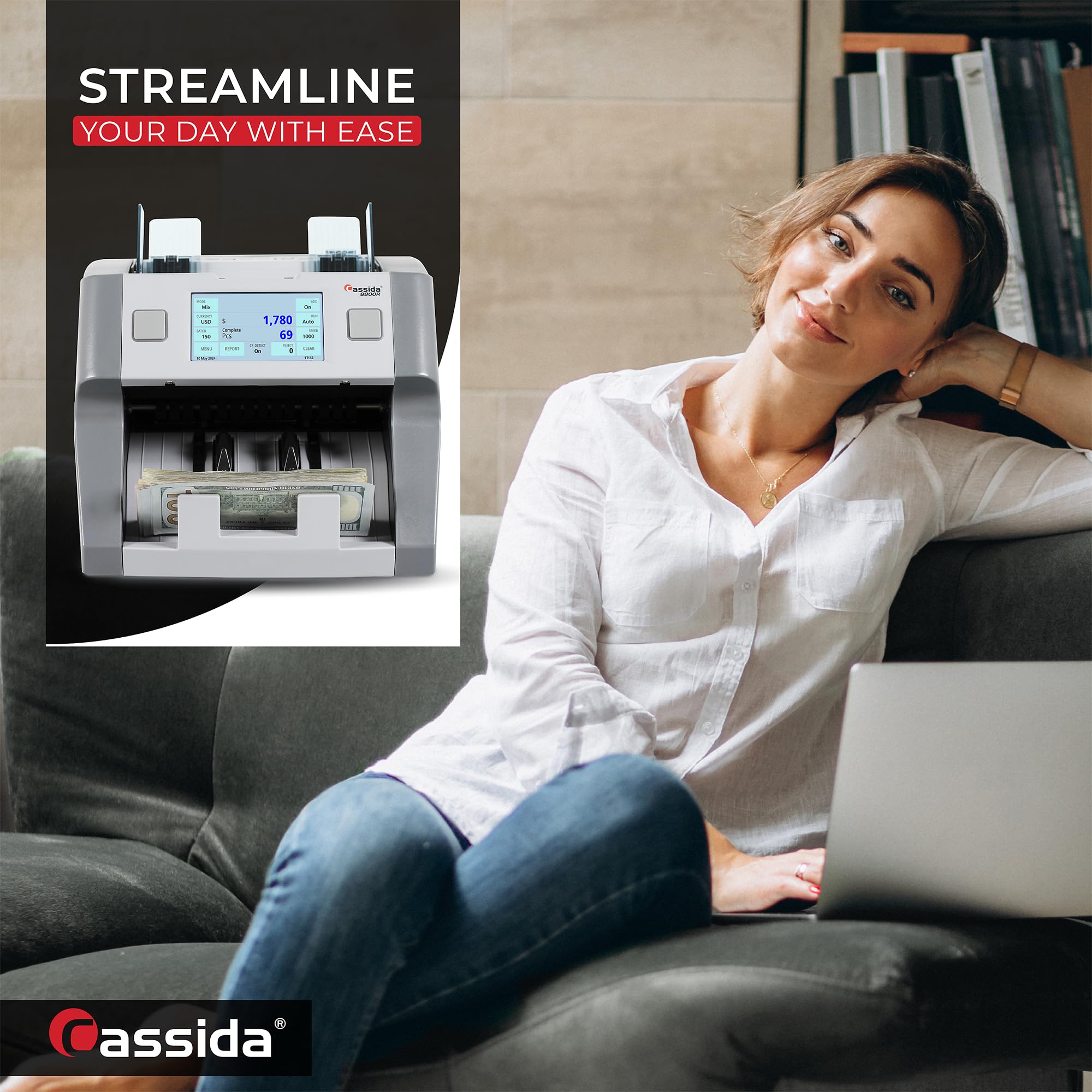 Cassida 9900R V2 2-Pocket Premium Bank Grade Money Counter Machine Mixed Denomination, Bill Sorter, Value Counting, Printer Enabled, 2 CIS, UV/MG, IR/IT Counterfeit Detection with Built-in Printer