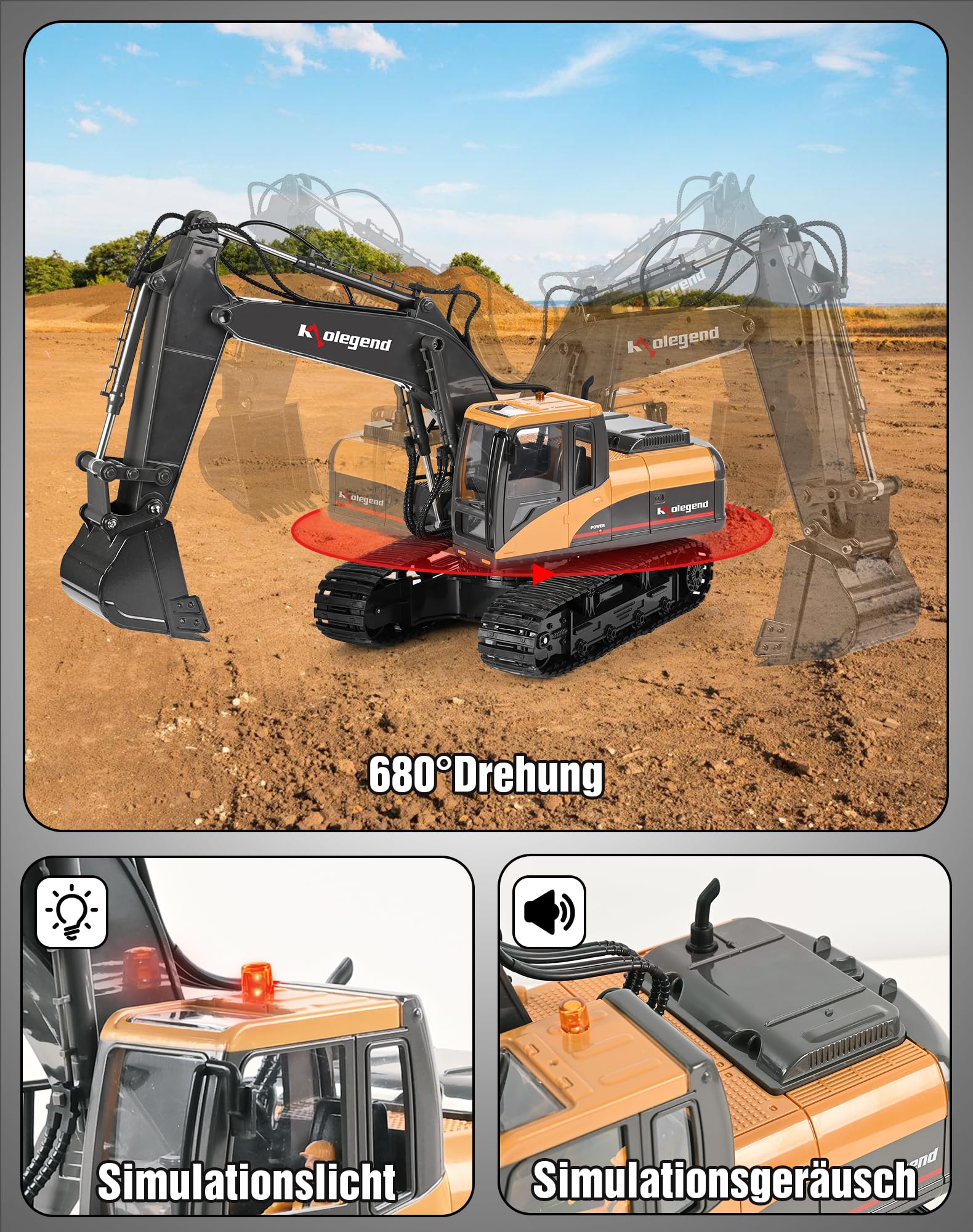 kolegend 3 in 1 Remote Control Excavator Toy 1/14 Scale RC Excavator, 15 Channel Upgrade Full Functional Construction Vehicles with Tools Metal Breaker and Electric Gripper(Yellow/Black)
