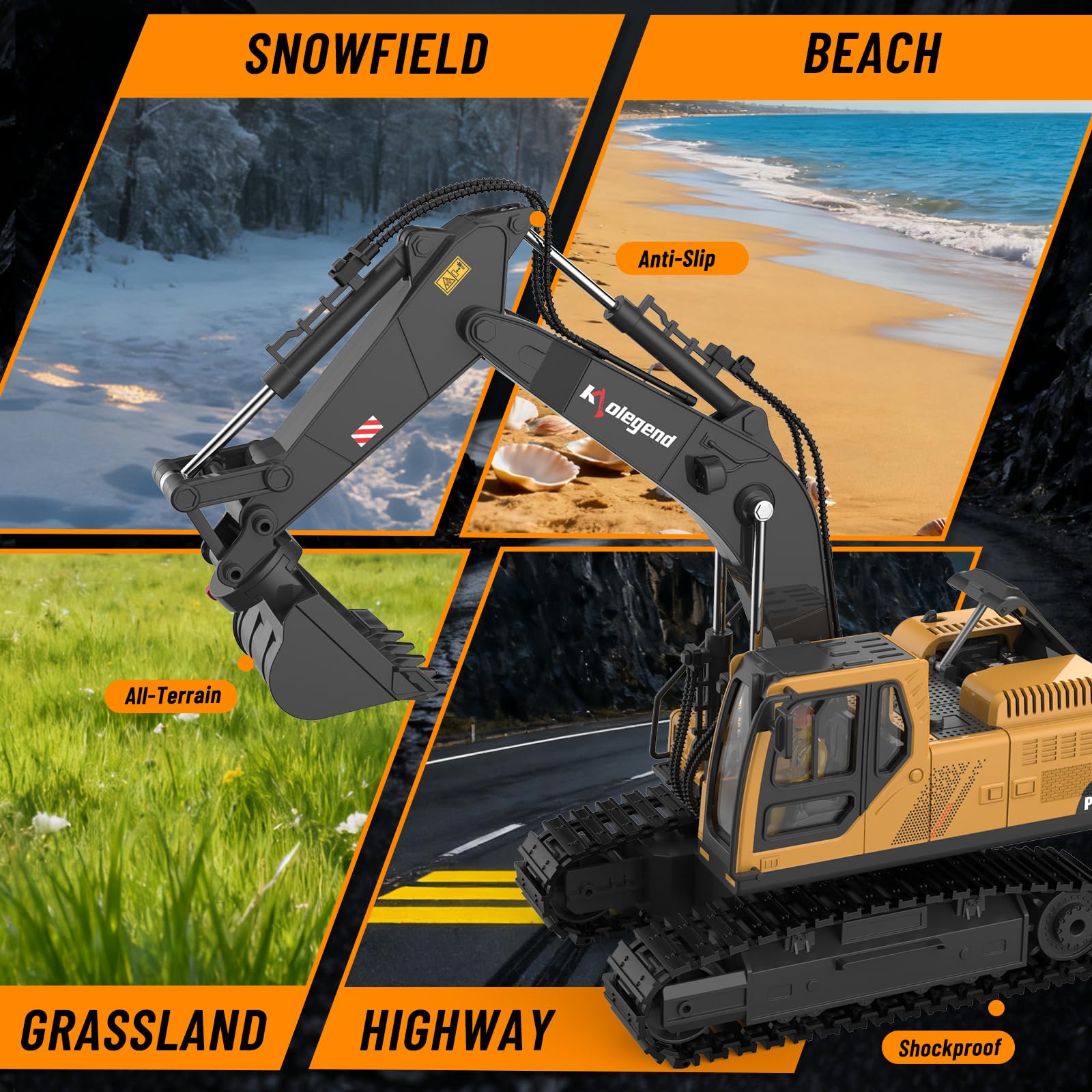 kolegend 3 in 1 Remote Control Excavator Toy 1/14 Scale RC Excavator, 15 Channel Upgrade Full Functional Construction Vehicles with Tools Metal Breaker and Electric Gripper(Yellow/Black)