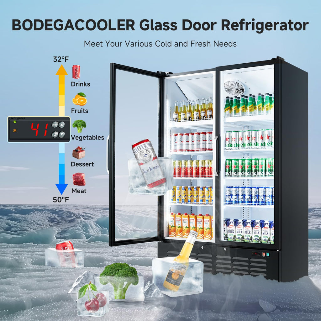 BODEGACOOLER Commercial Merchandiser Refrigerator, 27.02 Cu.Ft Double Glass Door Beverage Cooler, Upright Display Refrigerator with Soft LED Light, Adjustable Shelves, 4 Heavy-Duty Casters, Black