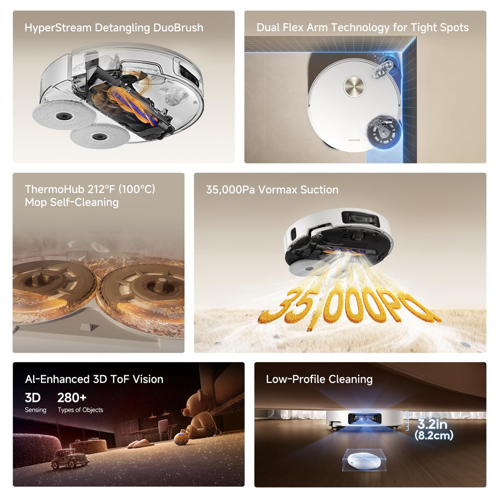DREAME L60 Ultra Robot Vacuum and Mop, 35,000Pa Suction, Detangling Brush, AI-Enhanced 3D ToF Vision, 100℃ Mop Self-Cleaning, 280+ Object Types, Extendable Side Brush and Mop, White
