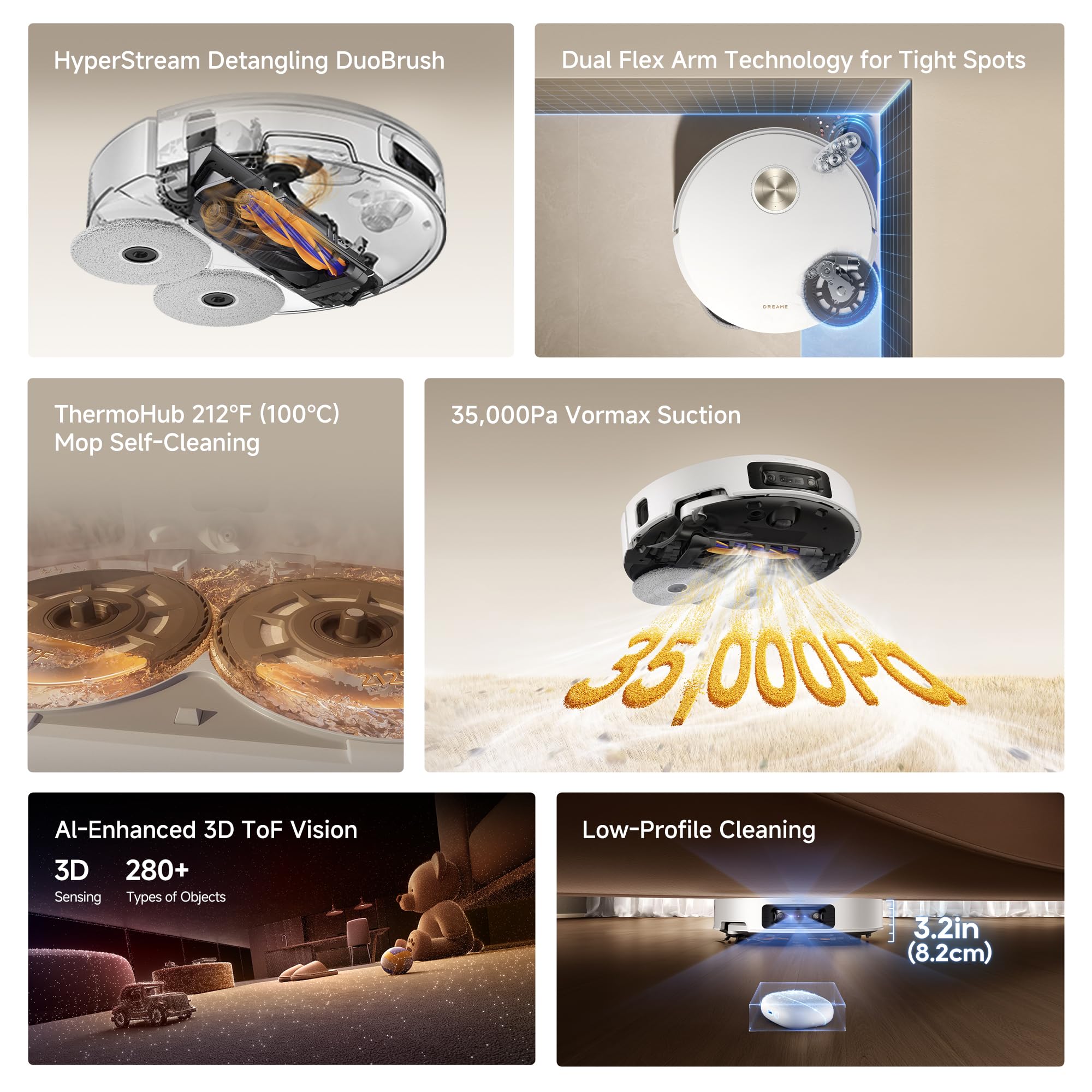 DREAME L60 Ultra Robot Vacuum and Mop, 35,000Pa Suction, Detangling Brush, AI-Enhanced 3D ToF Vision, 100℃ Mop Self-Cleaning, 280+ Object Types, Extendable Side Brush and Mop, White