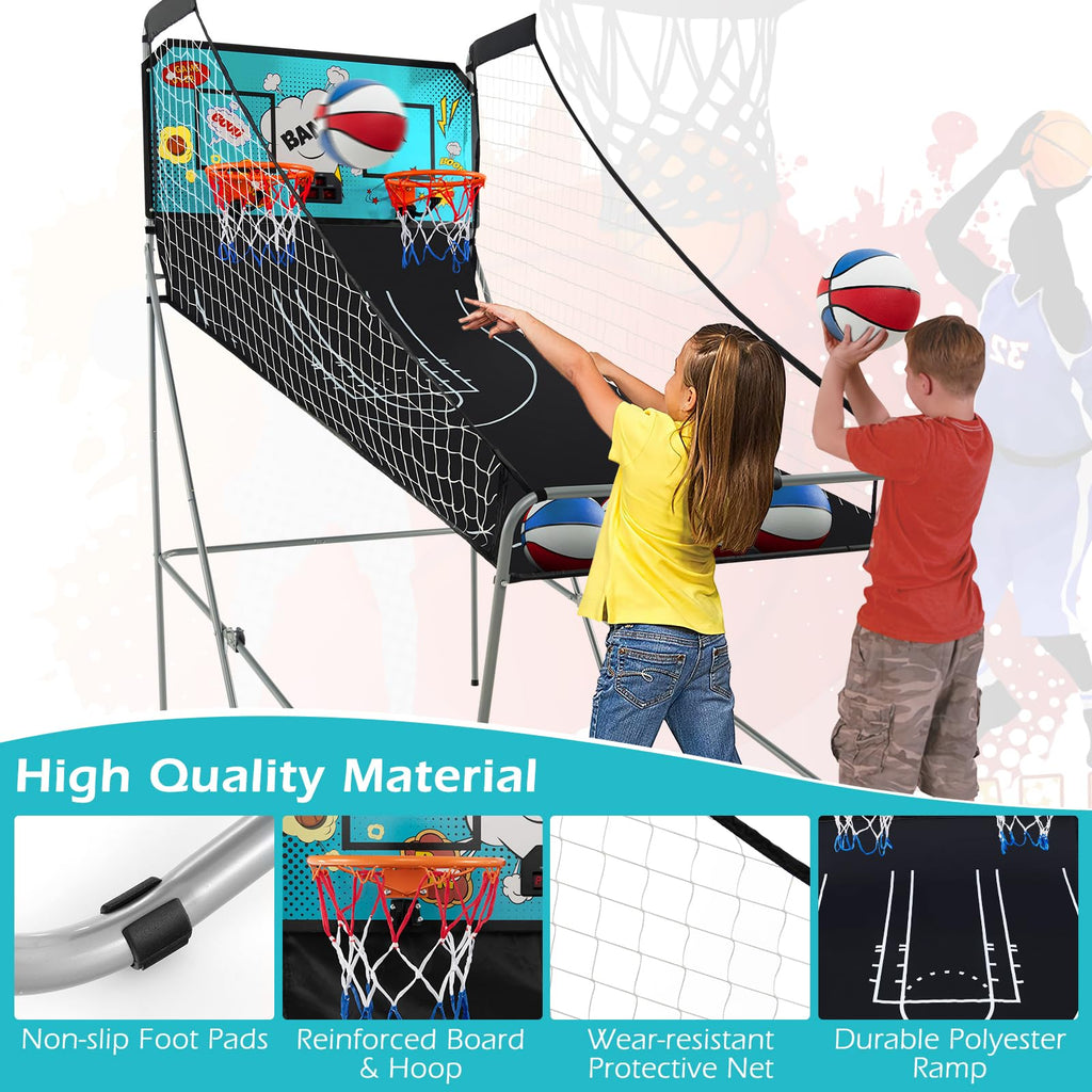 Goplus Foldable Dual Shot Basketball Arcade Game, Electronic Basketball Hoop w/LCD Scoreboard, 8 Game Modes, 4 Balls, Indoor Outdoor Basketball Game Machine for Adults (Green)