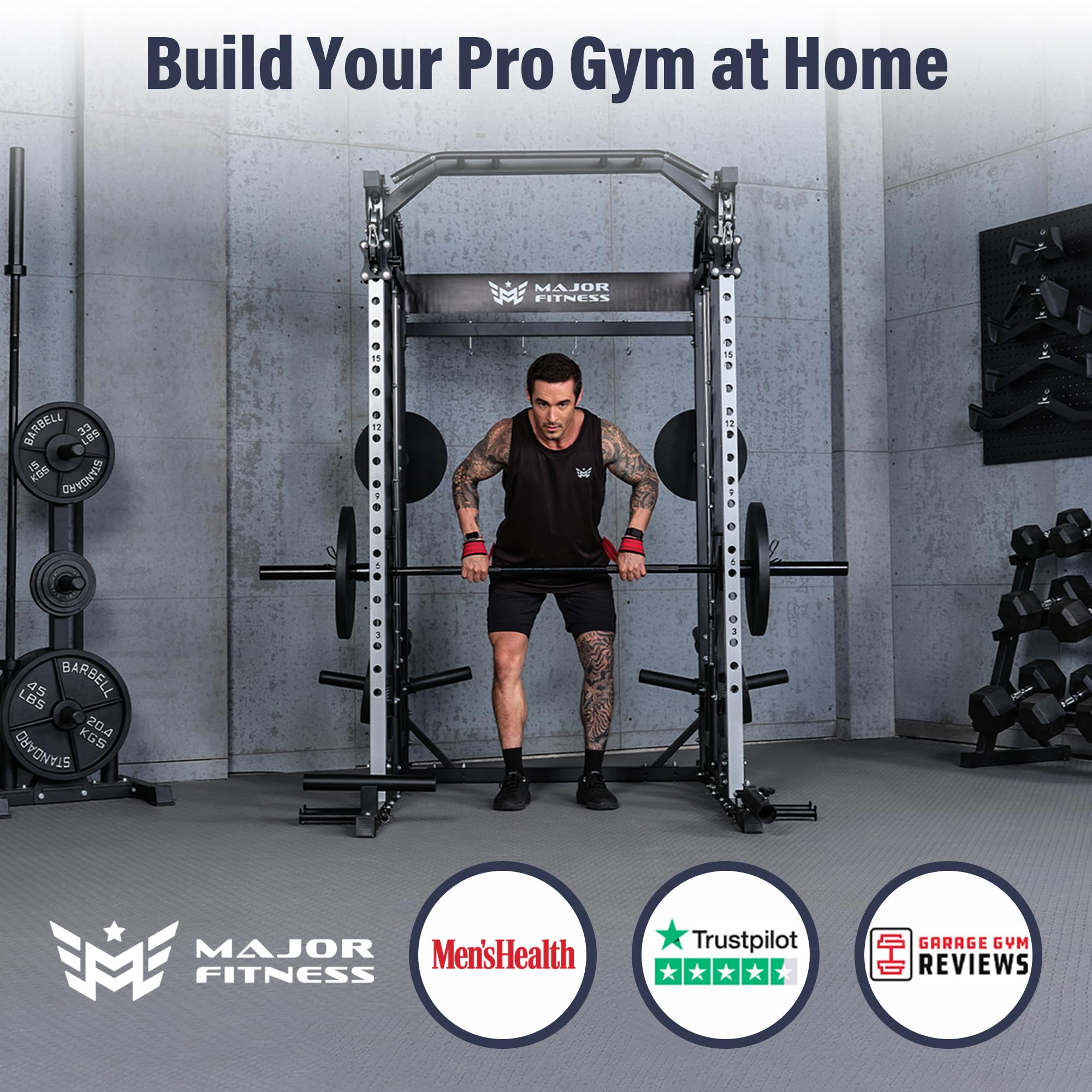 Major Fitness Drone2 Advanced Training Smith Machines– All-in-One Home Gym Squat Rack with Aluminum Pulley Set , Weight Bar, Dual LAT Pull-Down Systems & Cable Crossover Machine for Full-Body Workouts