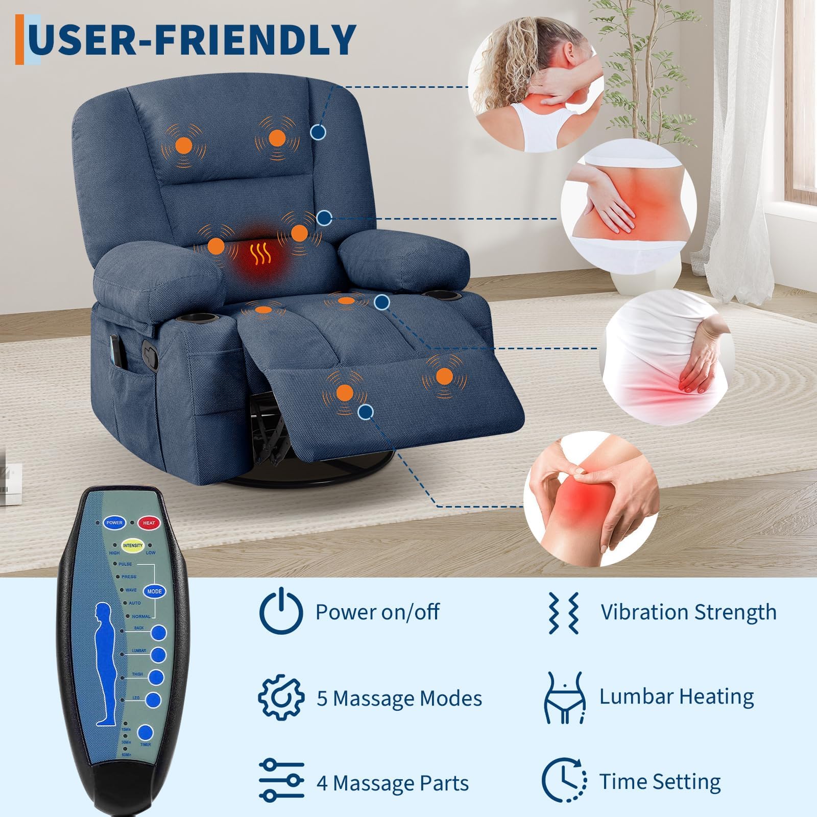 Oversized Wide Recliner Chair with Vibration Massage and Heat, 360° Swivel Recliner Glider for Adults,Chenille Fabric Manual Reclining Single Sofa with Cup Holders & Side Pockets for Living Room,White