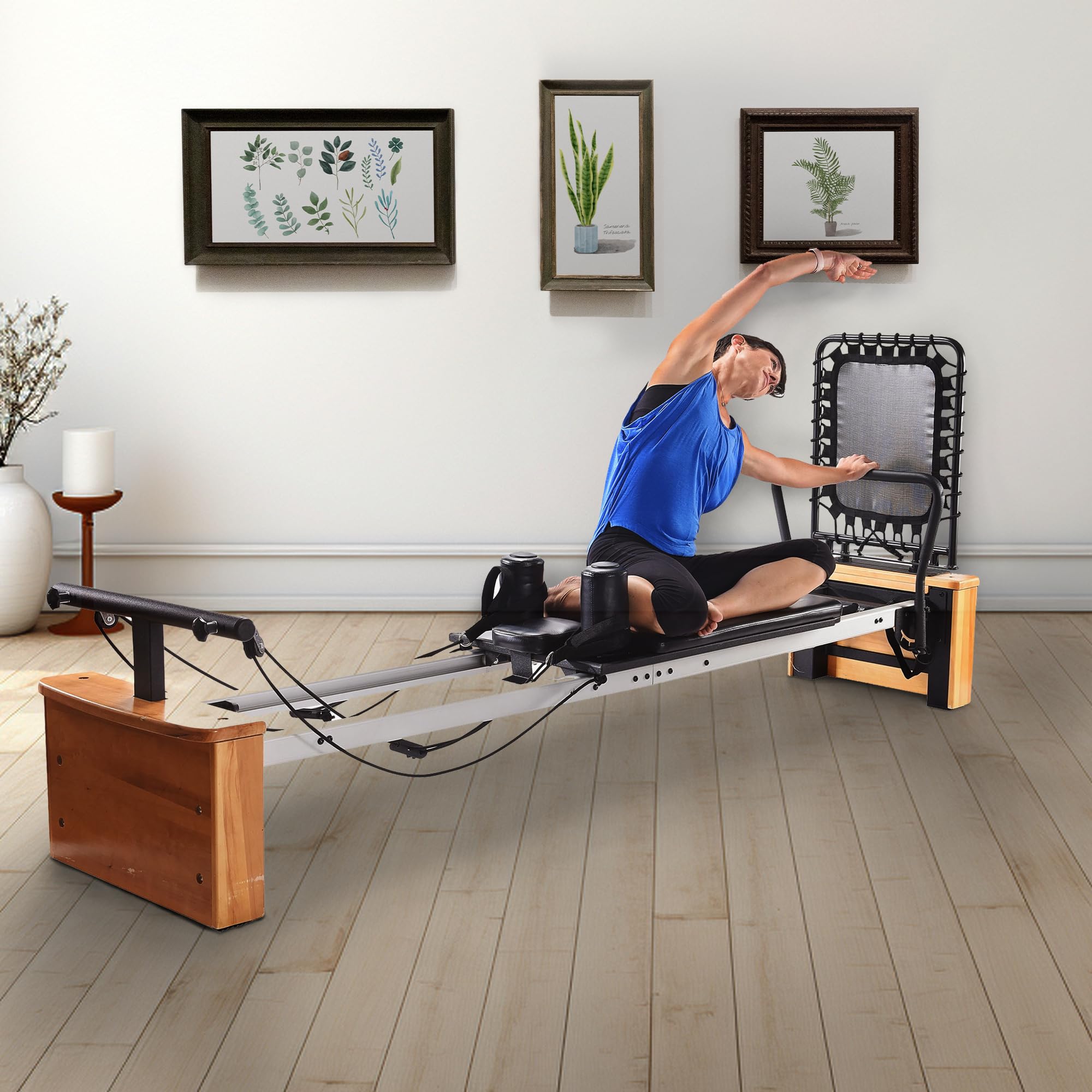 Stamina Products AeroPilates Board Reformer with Oak Wood Base – Studio Grade for Home Use with Cardio Rebounder, Adjustable Foot Bar, 4 Resistance Springs, and Workout DVD