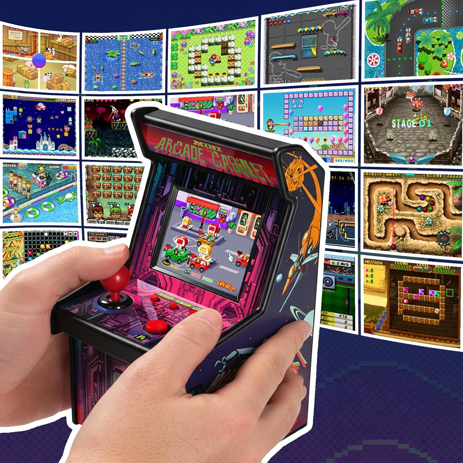 16 Bit Mini Arcade Machine Handheld Games Console for Kids Adults, 8-Way Joystick, 2.5'' Large Screen, 220 Built-in Classic Video Games, Gift for Kids