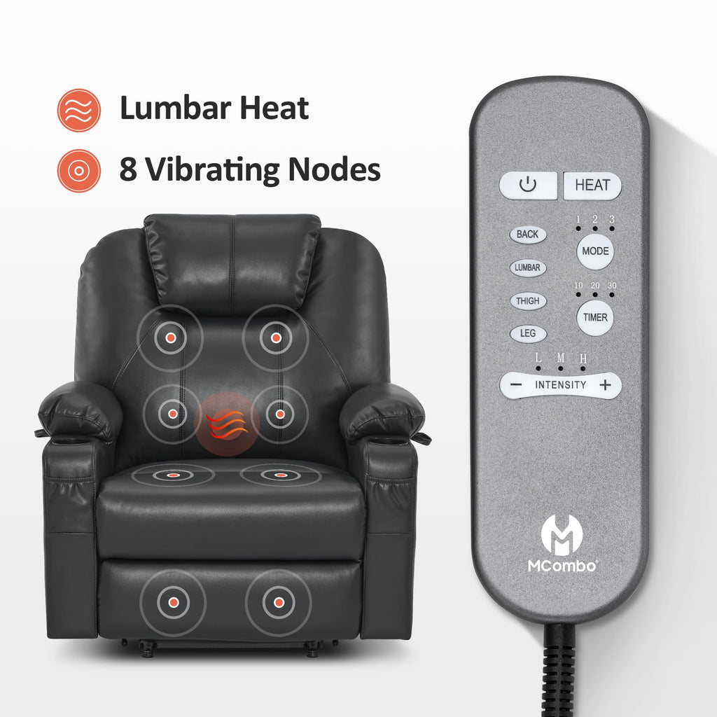 MCombo Electric Power Lift Recliner Chair Sofa with Massage and Heat for Elderly, 3 Positions, 2 Side Pockets, and Cup Holders, USB Ports, Faux Leather 7040 (Grey, Medium)