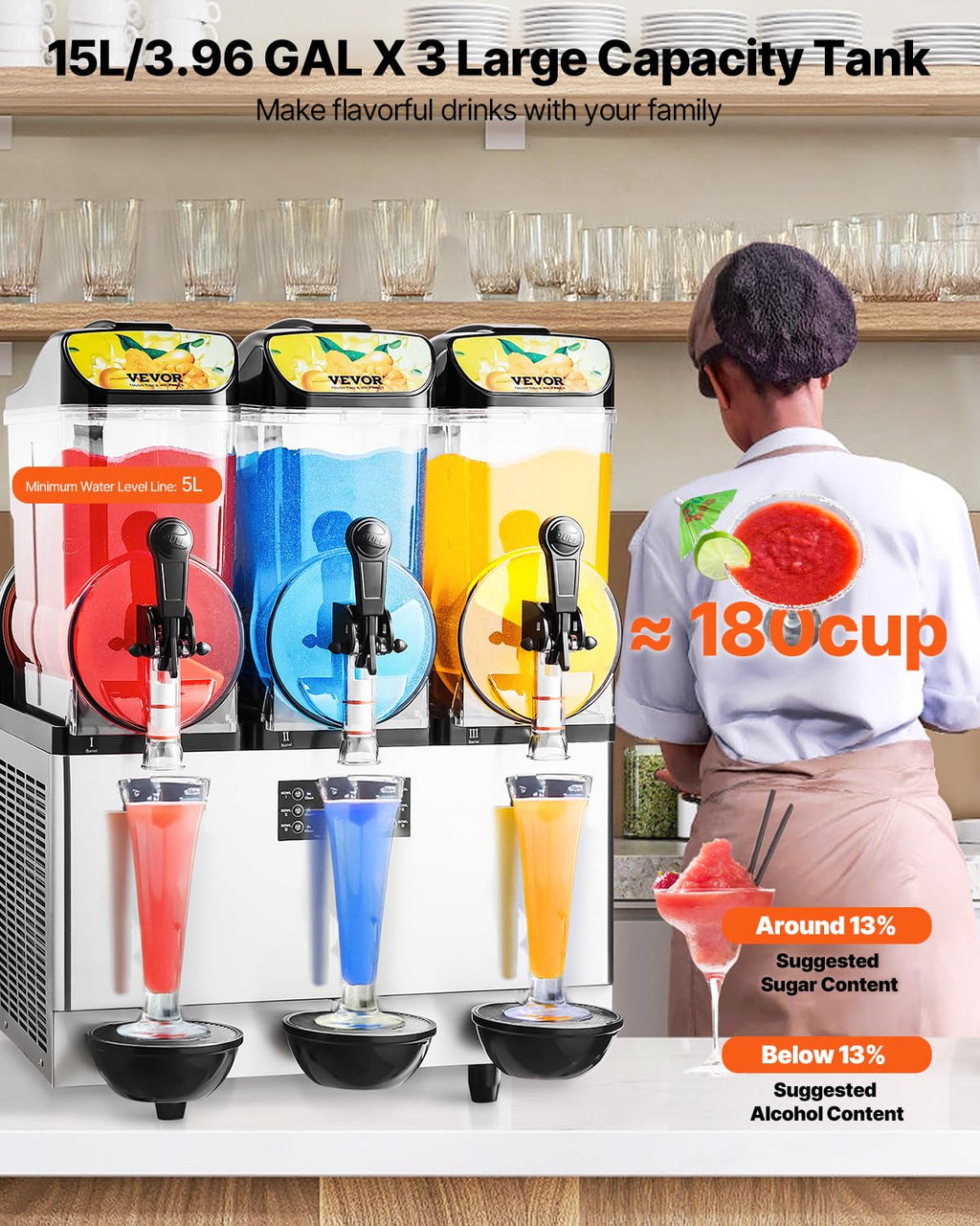 VEVOR Slushie Machine, 15L Single Tank Commercial Margarita Machine, 60 Cups Stainless Steel Margarita Smoothie Frozen Drink Machine, Slushy Machine for Home Party Restaurants Cafe Bars