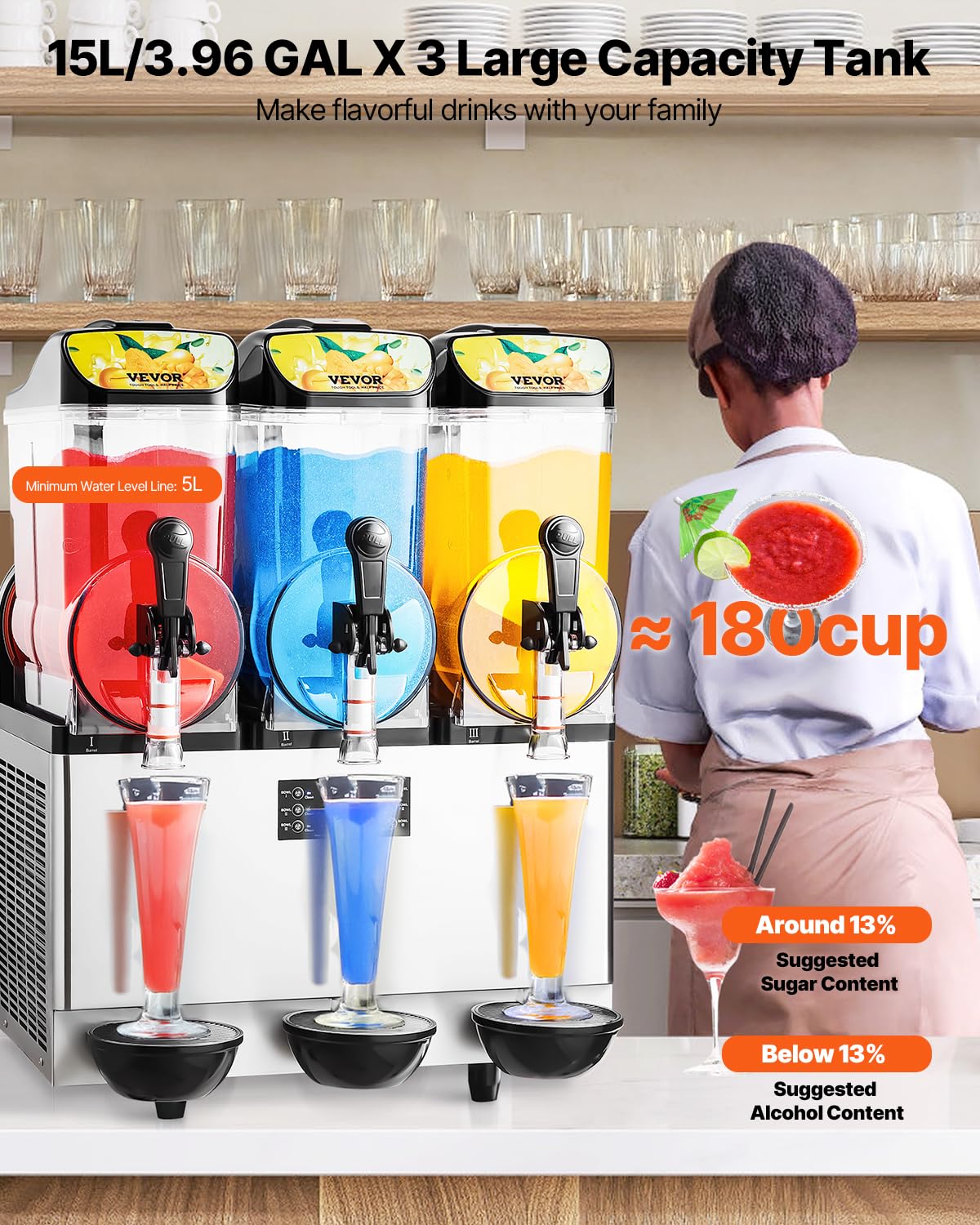 VEVOR Slushie Machine, 15L Single Tank Commercial Margarita Machine, 60 Cups Stainless Steel Margarita Smoothie Frozen Drink Machine, Slushy Machine for Home Party Restaurants Cafe Bars